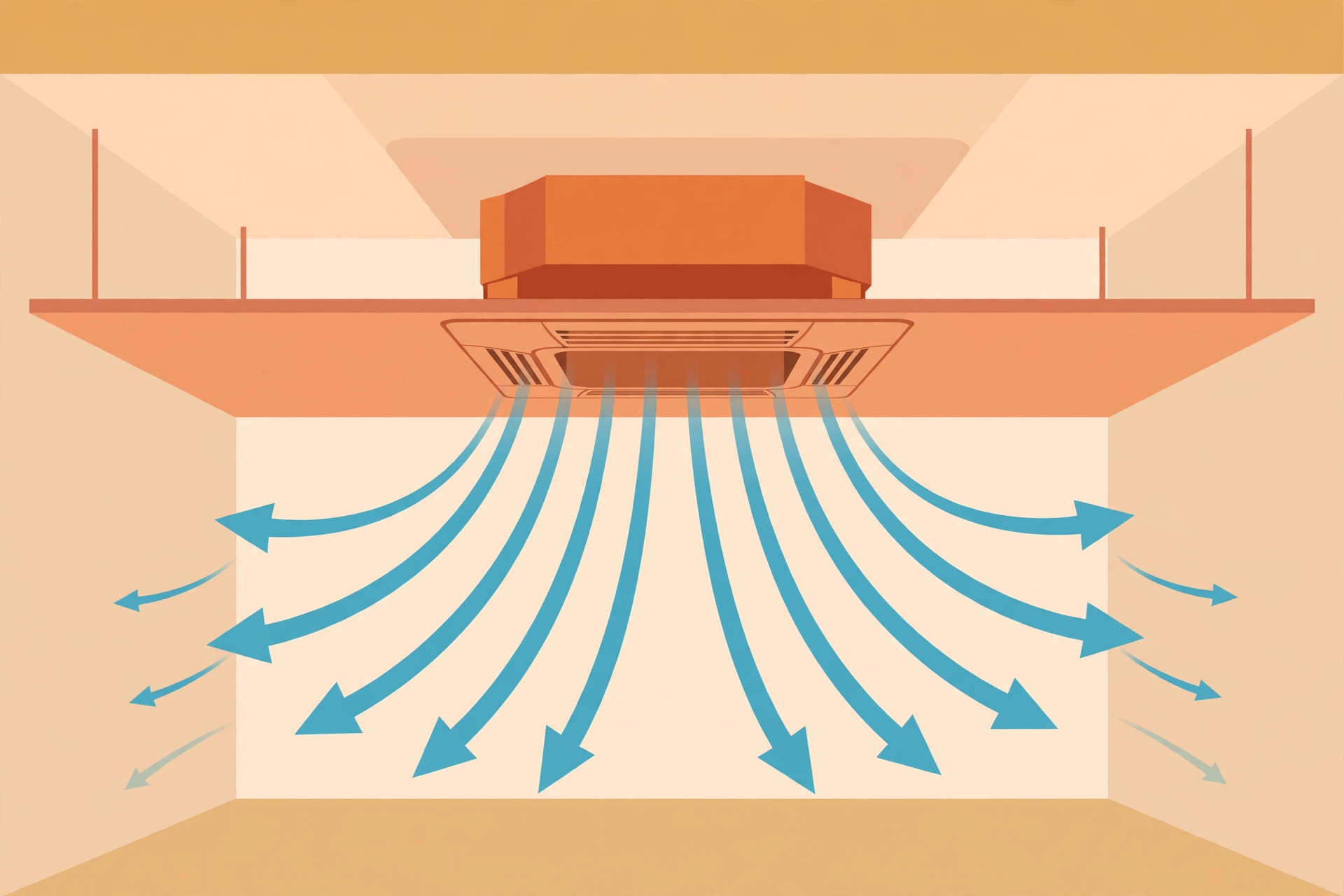Illustration diagram of cassette AC vent integration into a false ceiling with airflow arrows