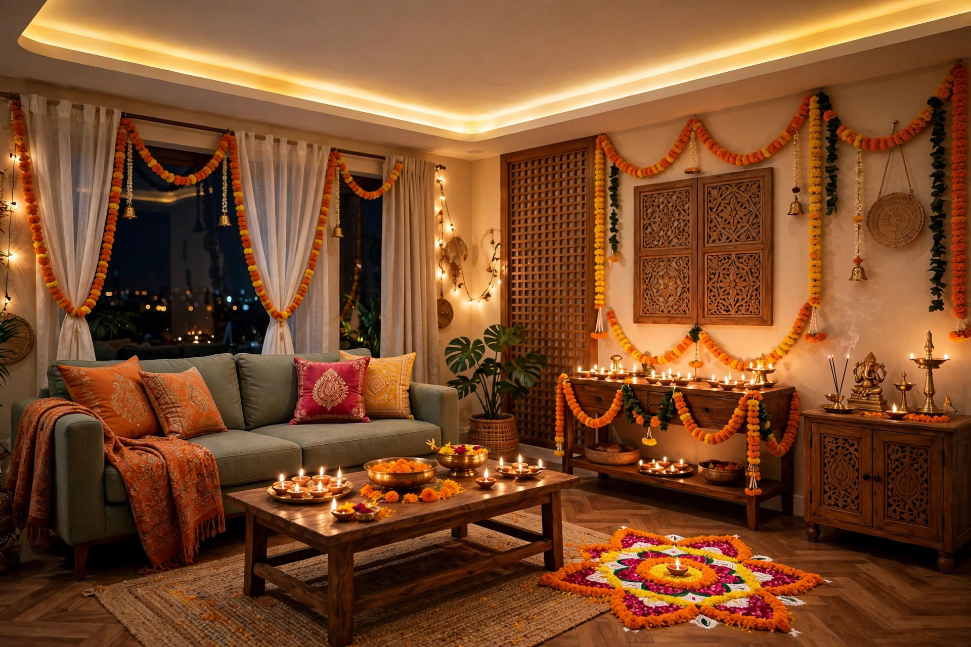 Concept render of an Indian living room decorated for Diwali with ceiling cove lights and warm diyas creating a festive glow