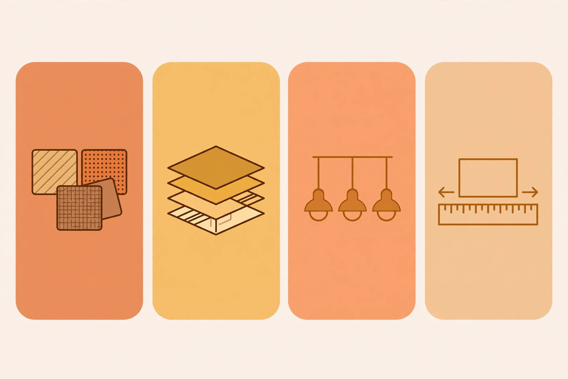 Illustration infographic of four hall ceiling cost drivers: material choice, design complexity, lighting count and room size