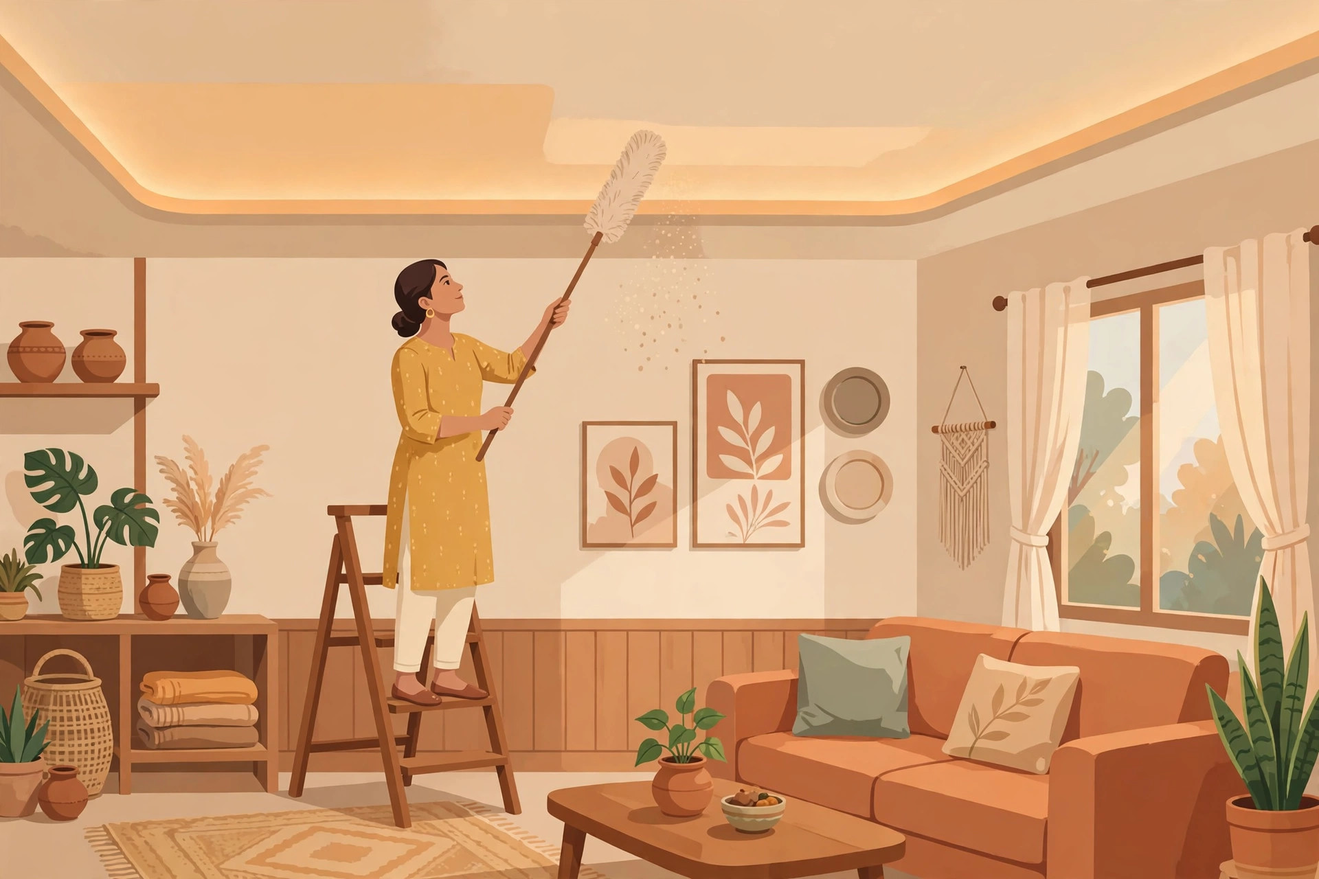 Illustration of a person gently dusting a living room false ceiling cove with a soft long-handle duster