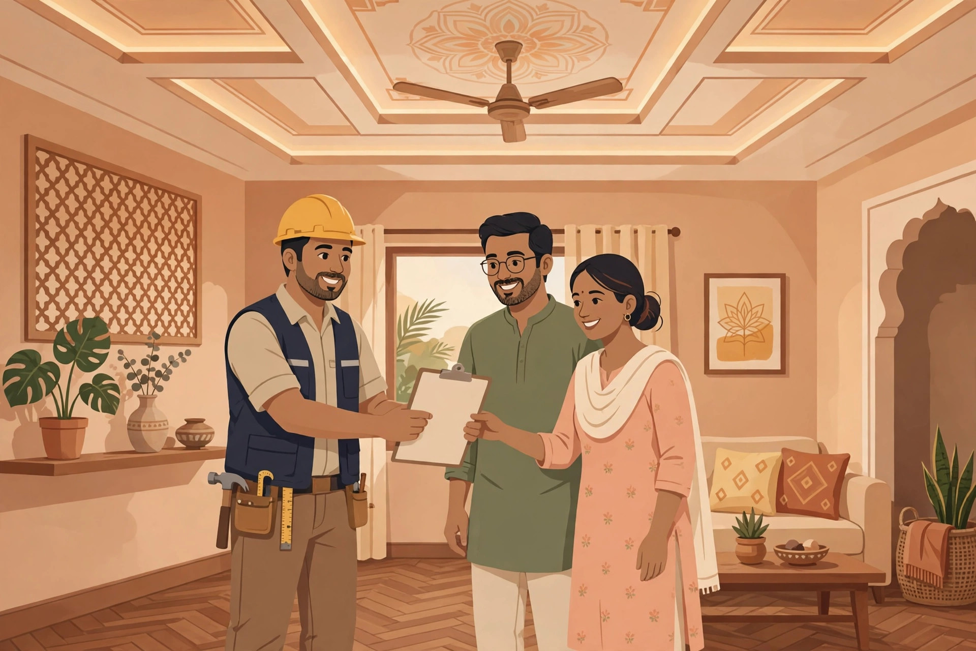 Illustration of a contractor handing a completion checklist to a homeowner couple in a finished Indian living room