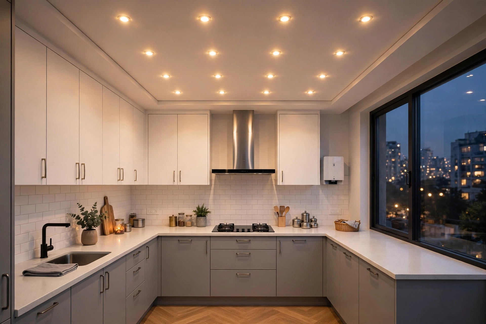 Concept render of a modern Indian modular kitchen at dusk with a slim flat false ceiling and warm recessed spotlights