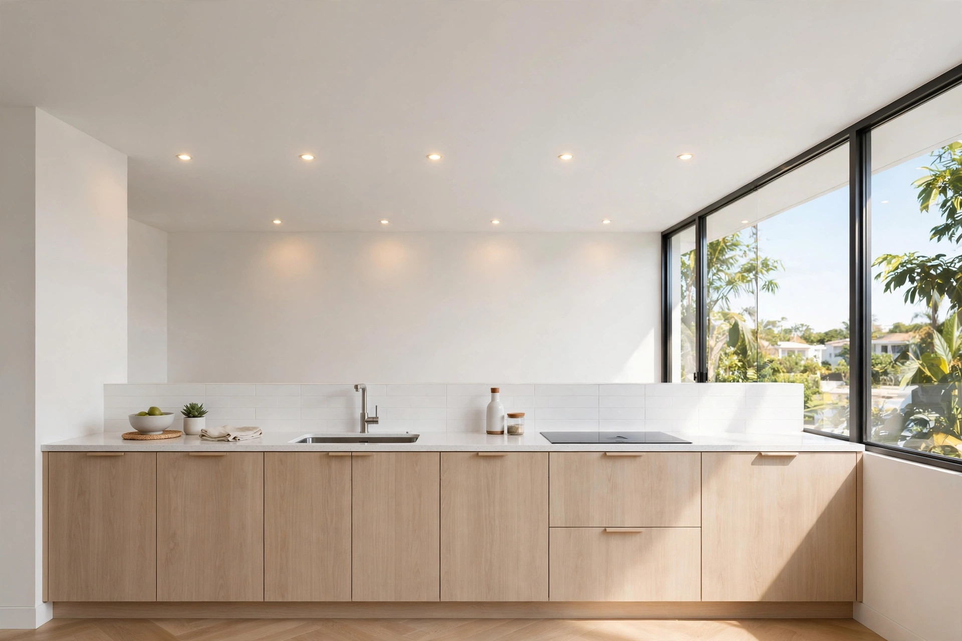 Concept render of a kitchen with a smooth flat white gypsum false ceiling and recessed warm downlights