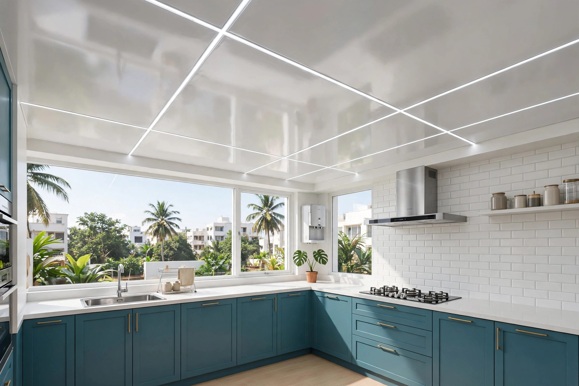 Concept render of an Indian kitchen with a glossy white PVC panel false ceiling and LED strips along the panel seams