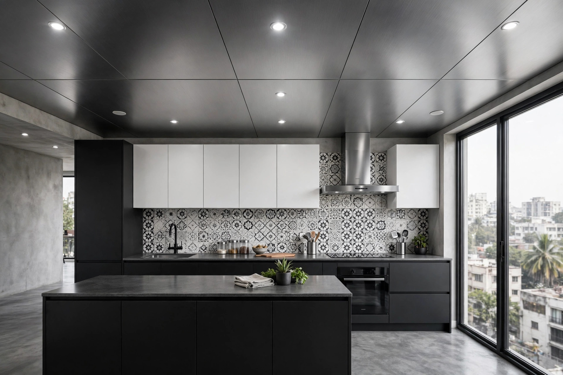 Concept render of a kitchen with a brushed dark aluminium false ceiling and recessed downlights