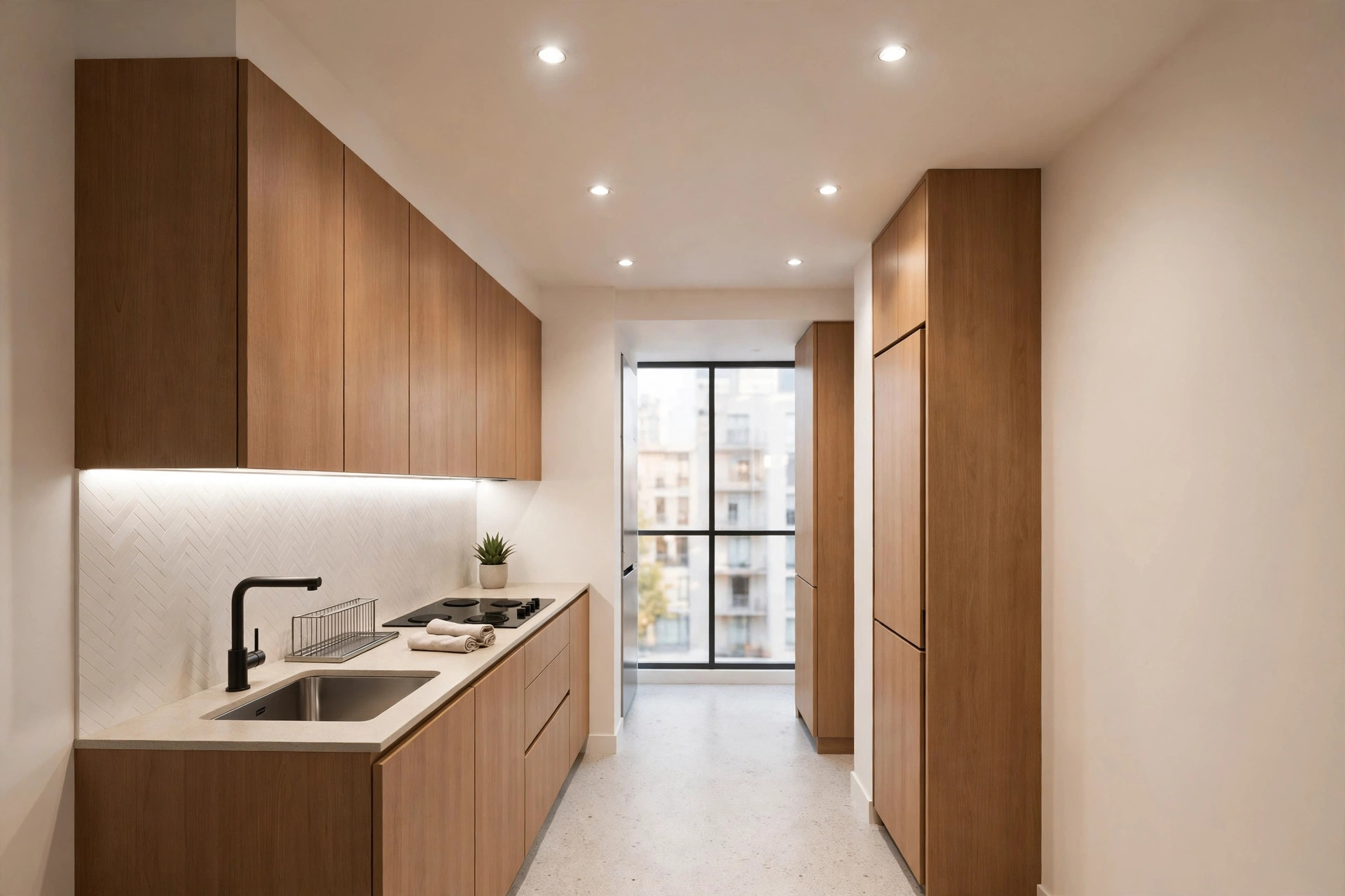 Concept render of a compact galley kitchen with a slim flat false ceiling and evenly spaced recessed spots
