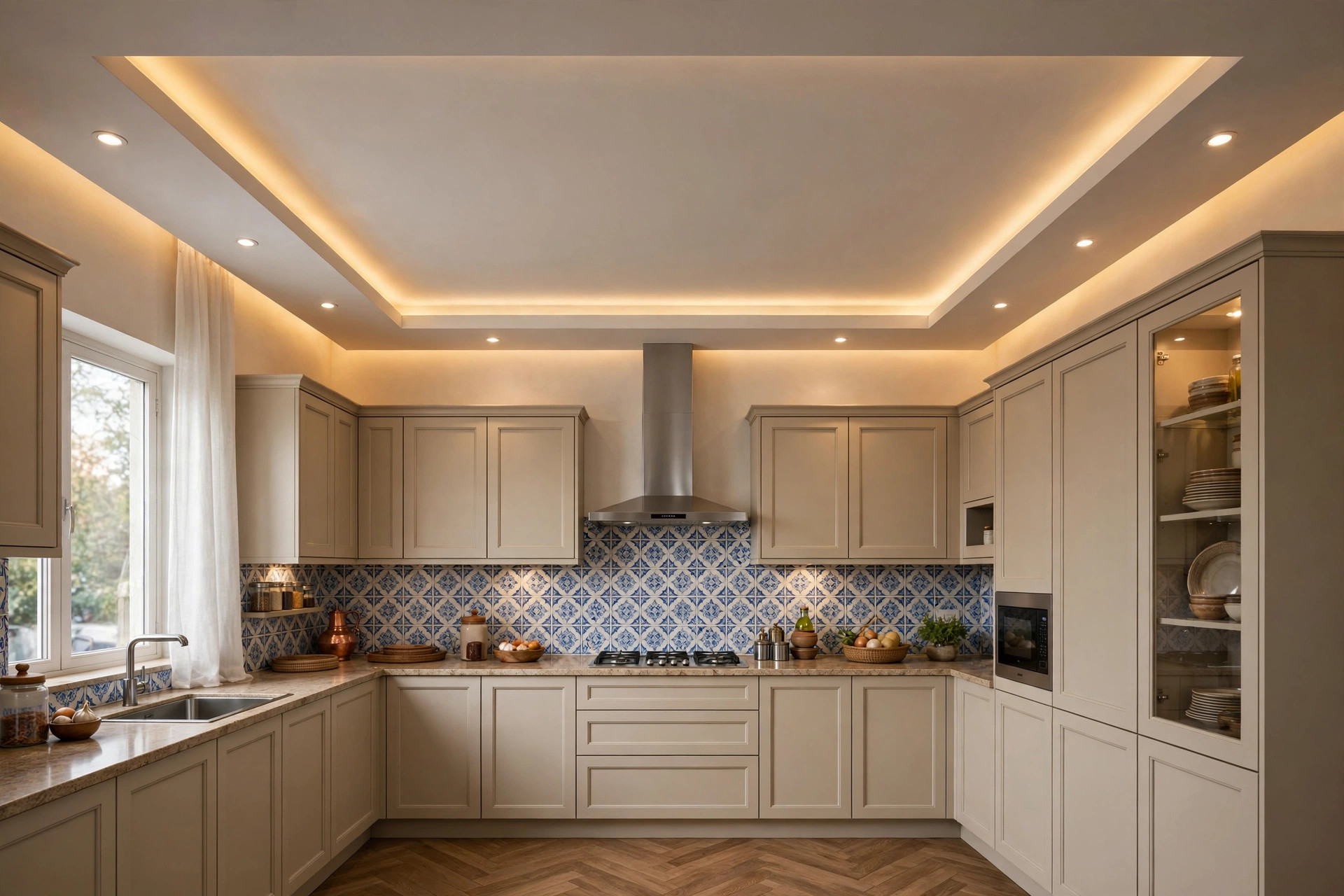 Concept render of a kitchen with a peripheral border false ceiling and warm cove lighting along the edges