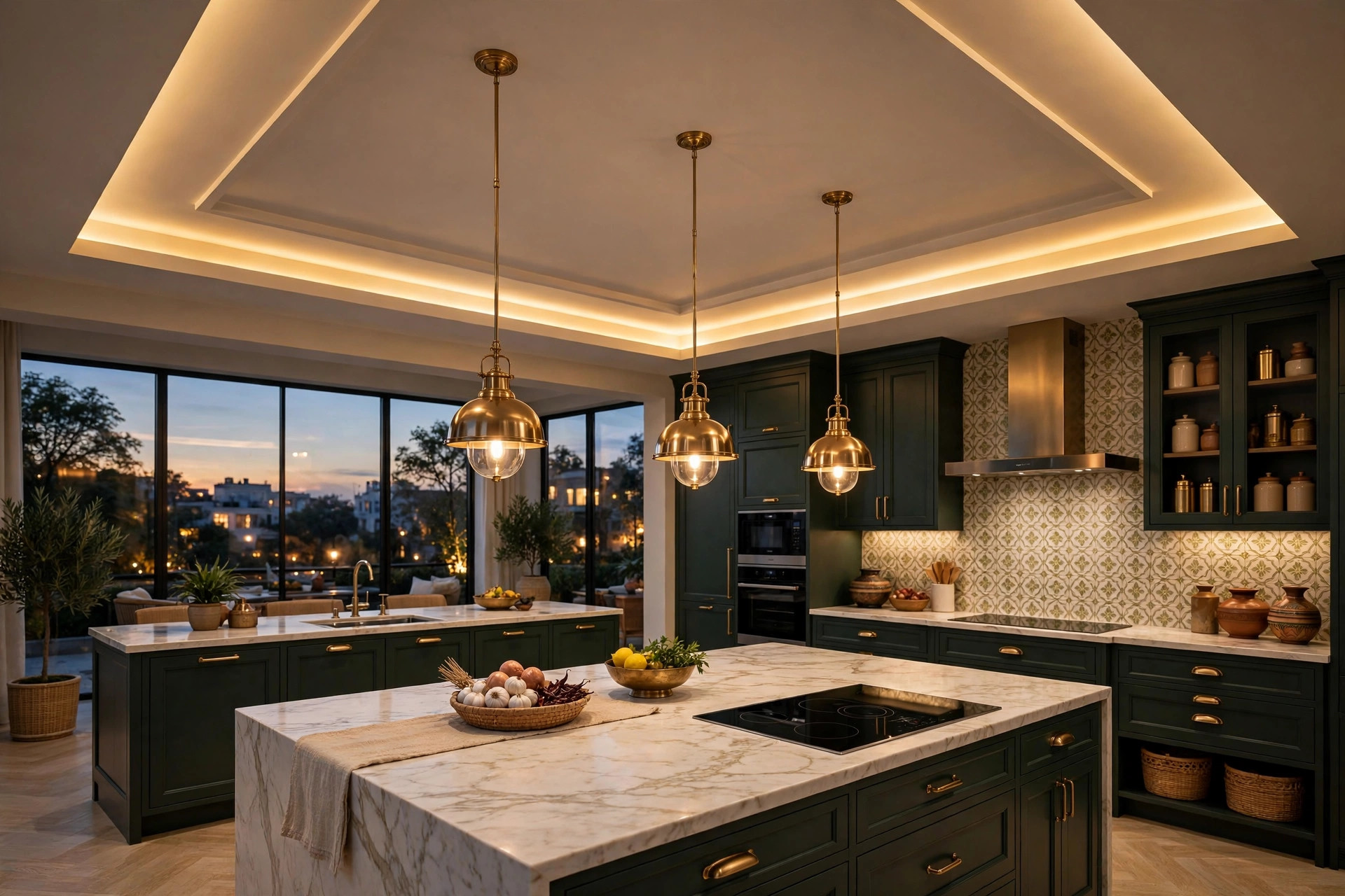 Concept render of a large kitchen with a two-level cove-lit false ceiling and pendant lights over the island