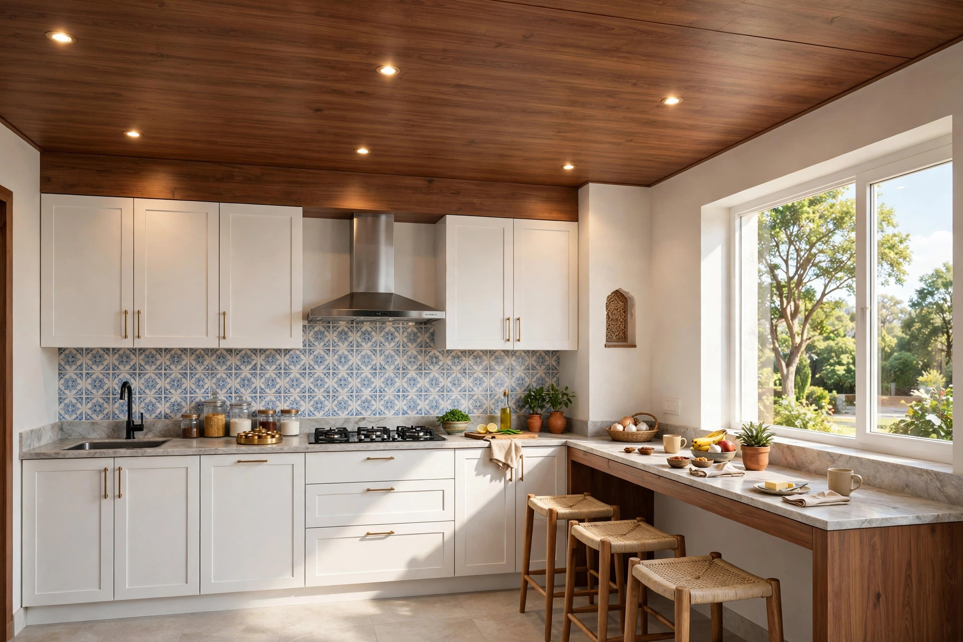 Concept render of an Indian kitchen with a wood-look PVC false ceiling and recessed warm downlights