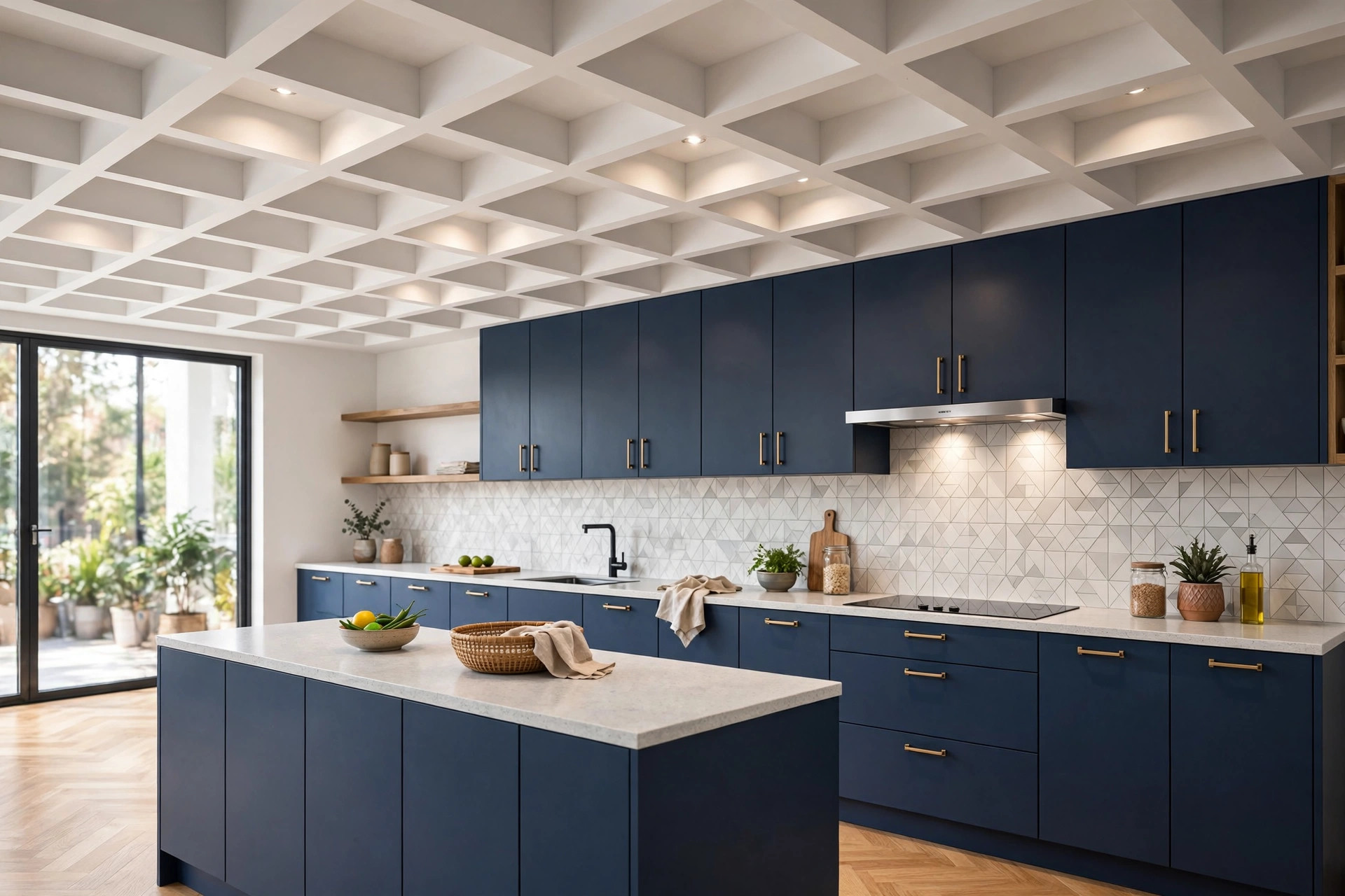 Concept render of a modern kitchen with a white geometric grid false ceiling and navy cabinets