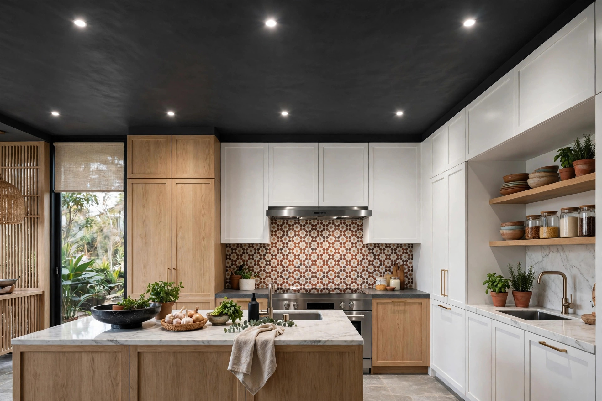 Concept render of a kitchen with a matte dark-grey false ceiling and bright recessed spotlights