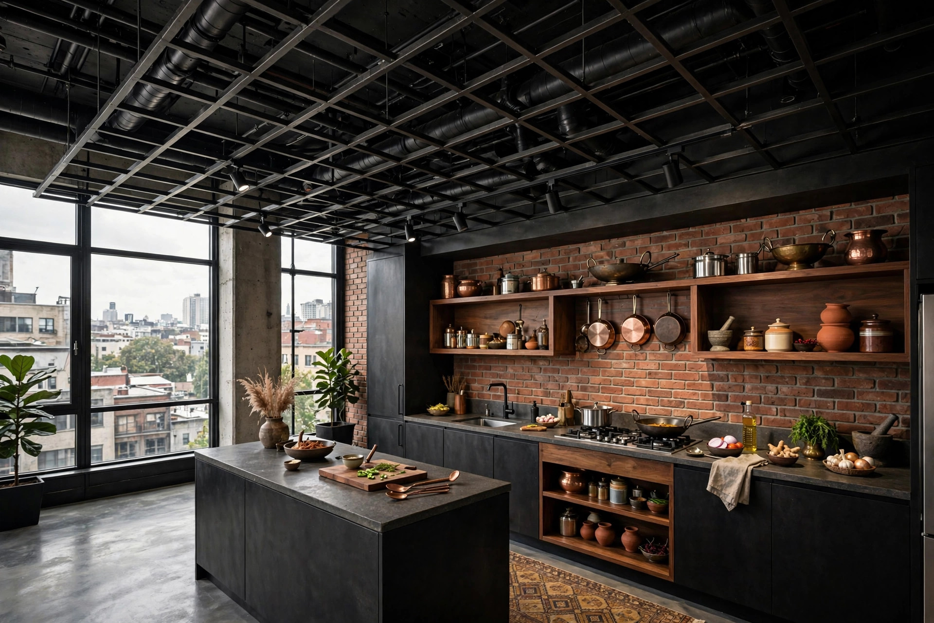 Concept render of an industrial-style kitchen with a black open-grid ceiling, visible ducts and track spotlights