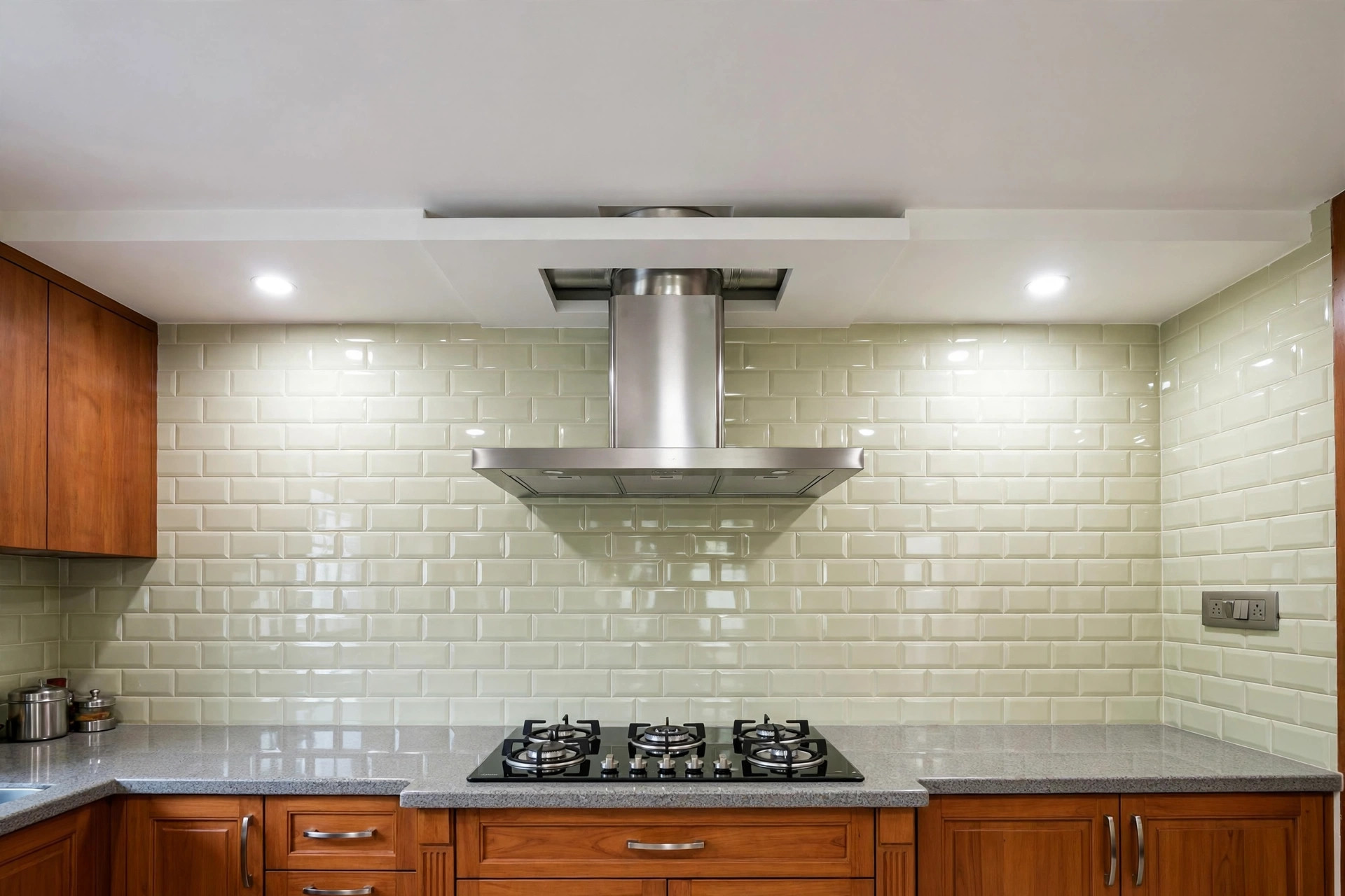 Concept render of a chimney over a gas hob with a flat wipeable false ceiling and a slim duct-hiding box