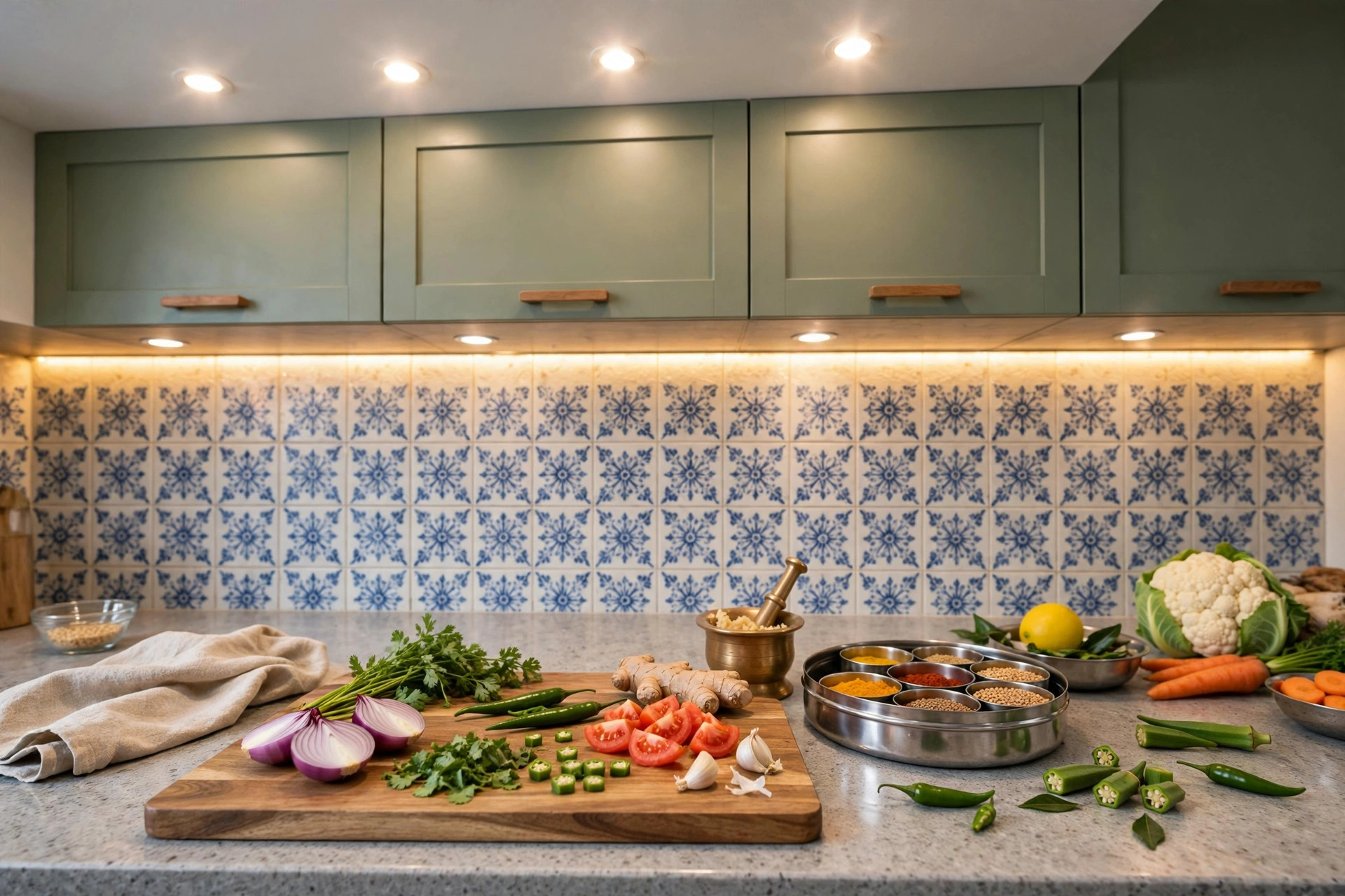 Concept render of a kitchen counter lit by focused ceiling spotlights with an under-cabinet LED strip glowing along the backsplash