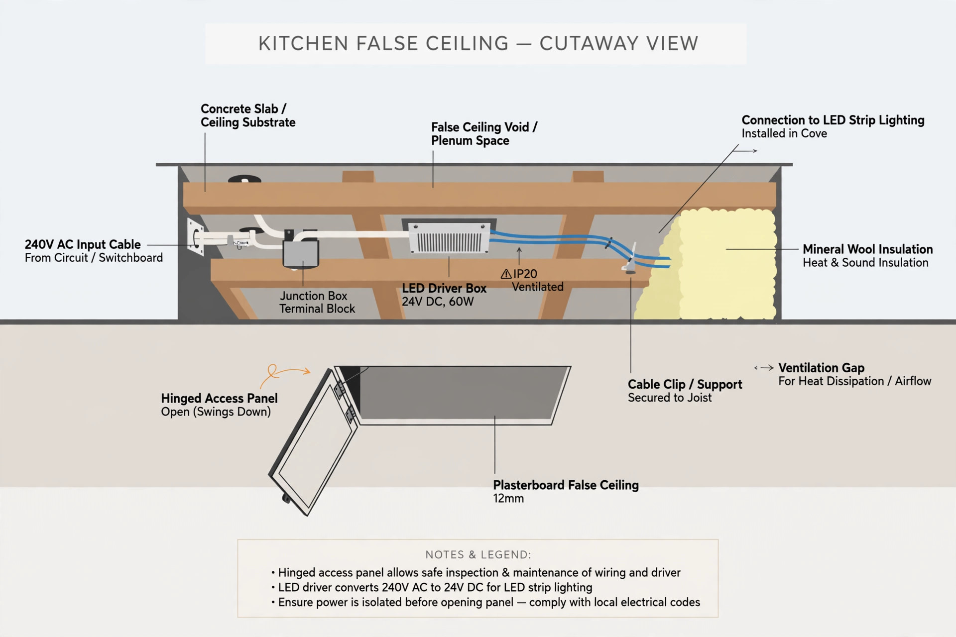 Illustration of a kitchen false-ceiling cutaway with wiring, an LED driver and a hinged access panel
