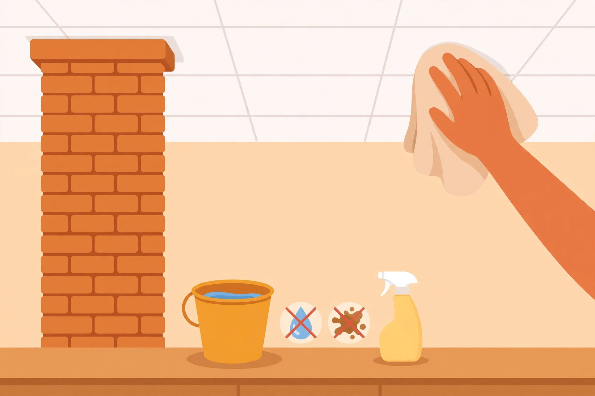 Illustration of a hand wiping a kitchen false ceiling with a cloth, with a bucket and spray bottle nearby
