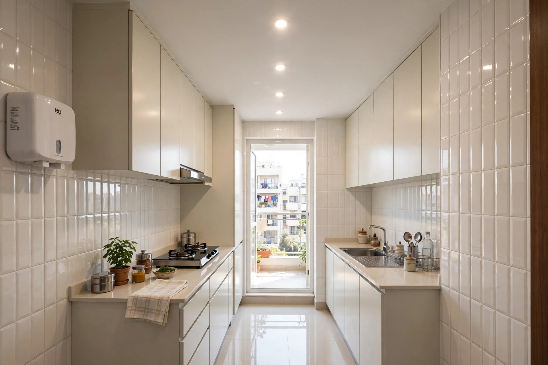 Concept render of a compact Indian apartment kitchen with a very slim flat false ceiling and recessed spots