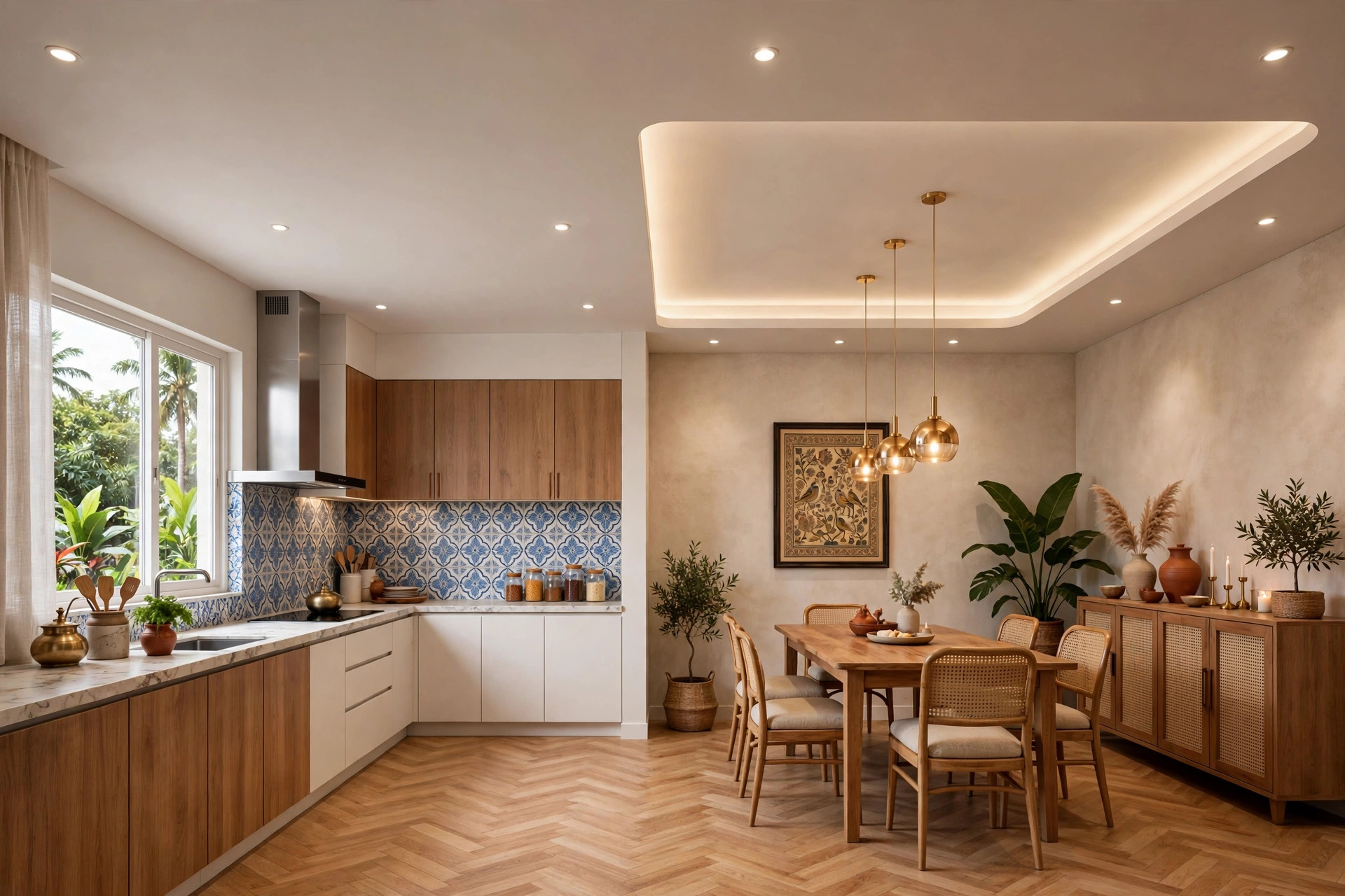 Concept render of an open-plan kitchen flowing into a dining area with a cove-lit ceiling panel over the dining table