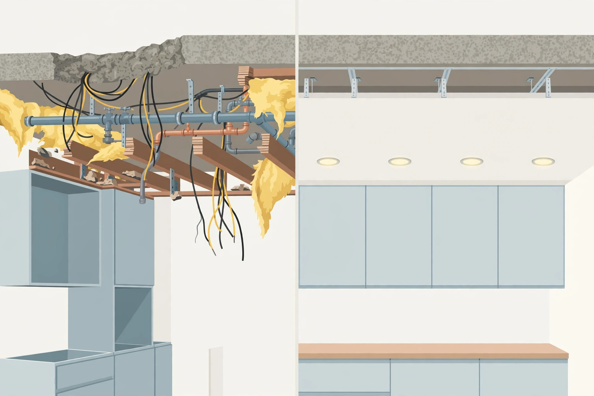 Illustration comparing a messy exposed ceiling with a neat finished false ceiling hiding wires and pipes