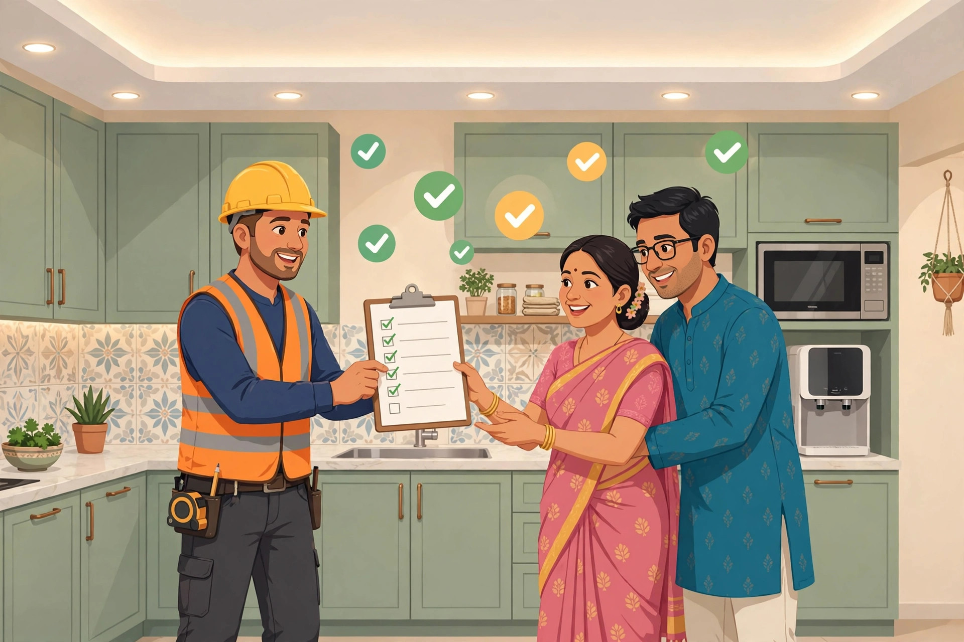 Illustration of a contractor handing a completion checklist to a couple in a finished kitchen