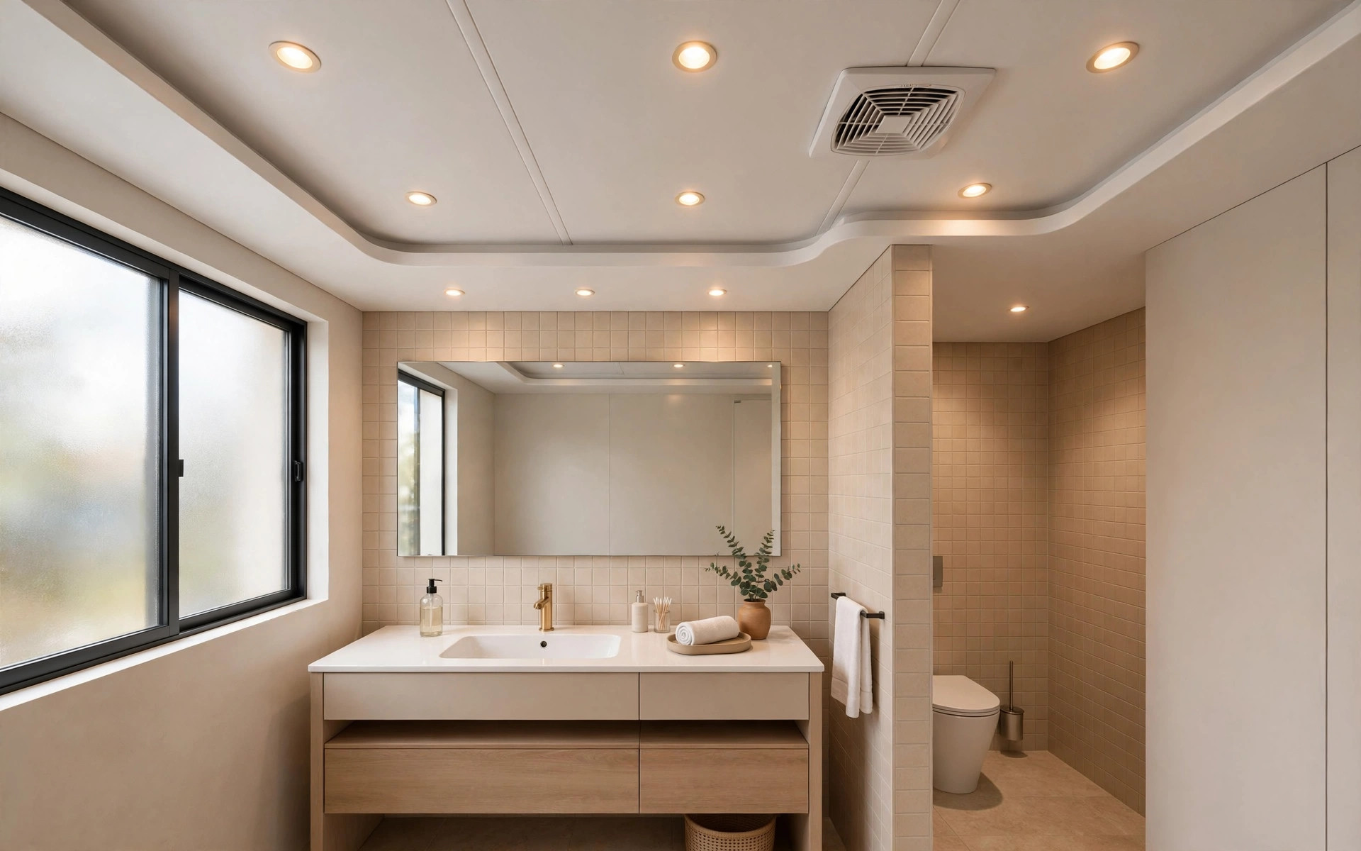 Concept render of a modern Indian bathroom with a white false ceiling, recessed lights and an exhaust fan grille
