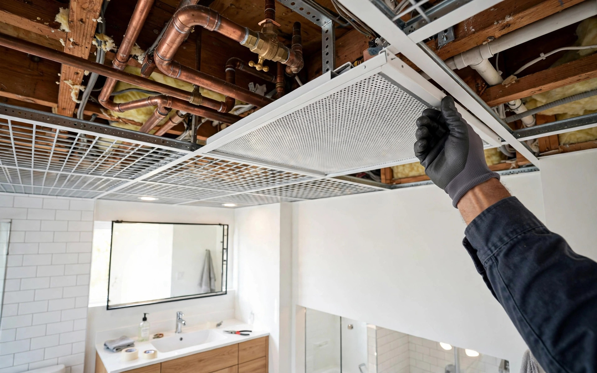 Concept render of a hand lifting a ceiling tile in a metal grid ceiling to reveal plumbing pipes above a bathroom