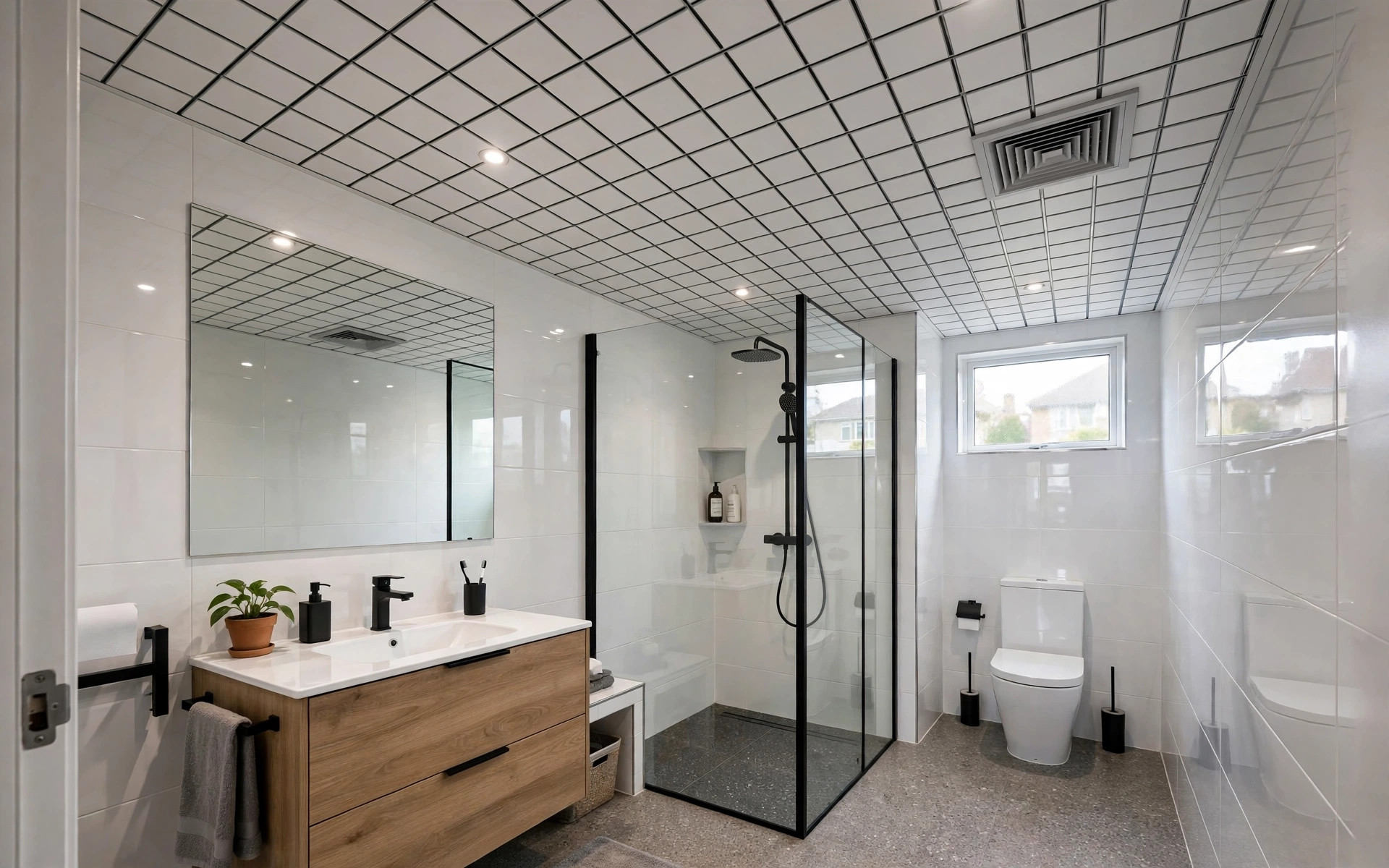 Concept render of a modern Indian bathroom with a white aluminium grid tile false ceiling and exhaust vent