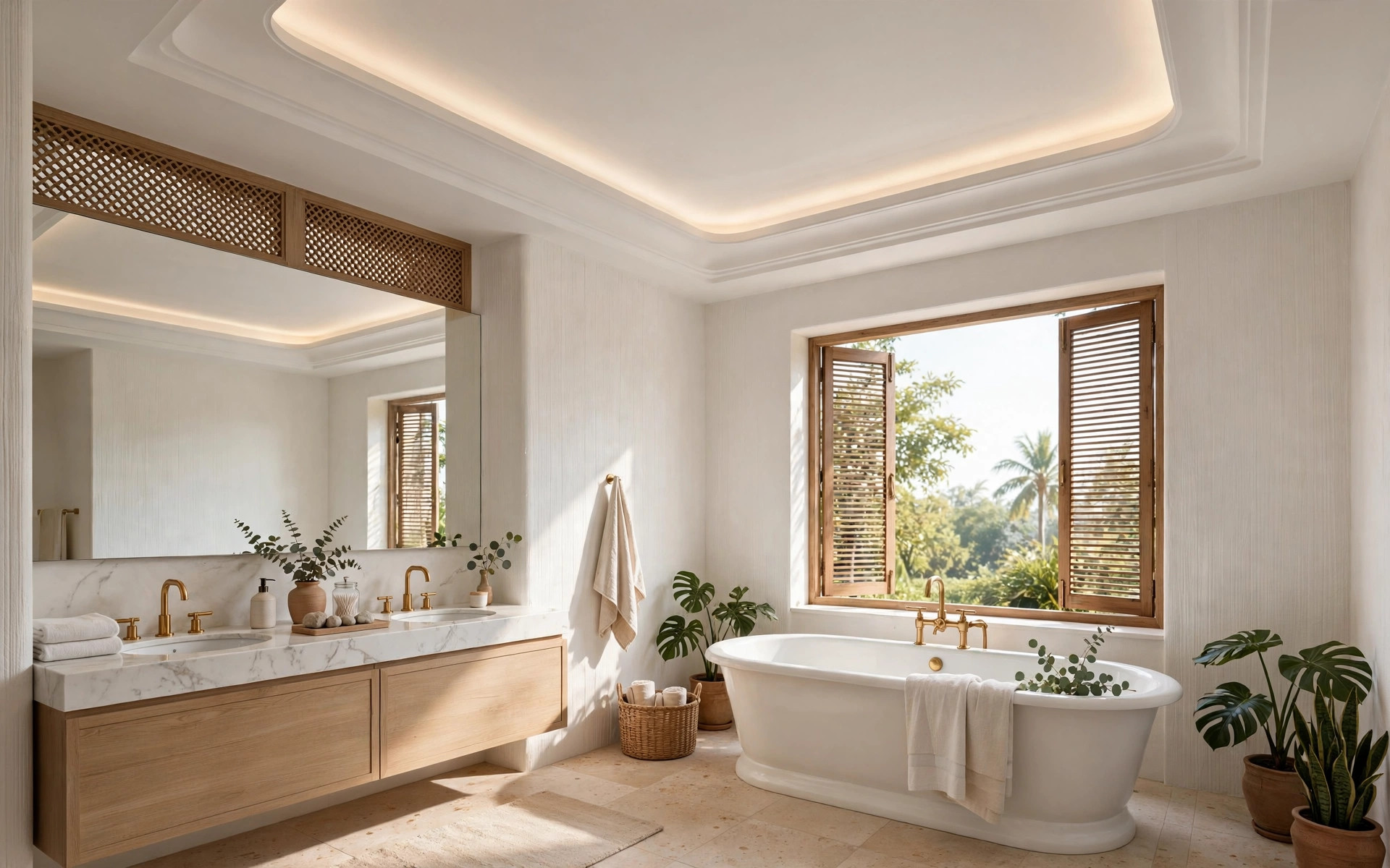 Concept render of a large well-ventilated Indian bathroom with a gypsum tray false ceiling and cove lighting