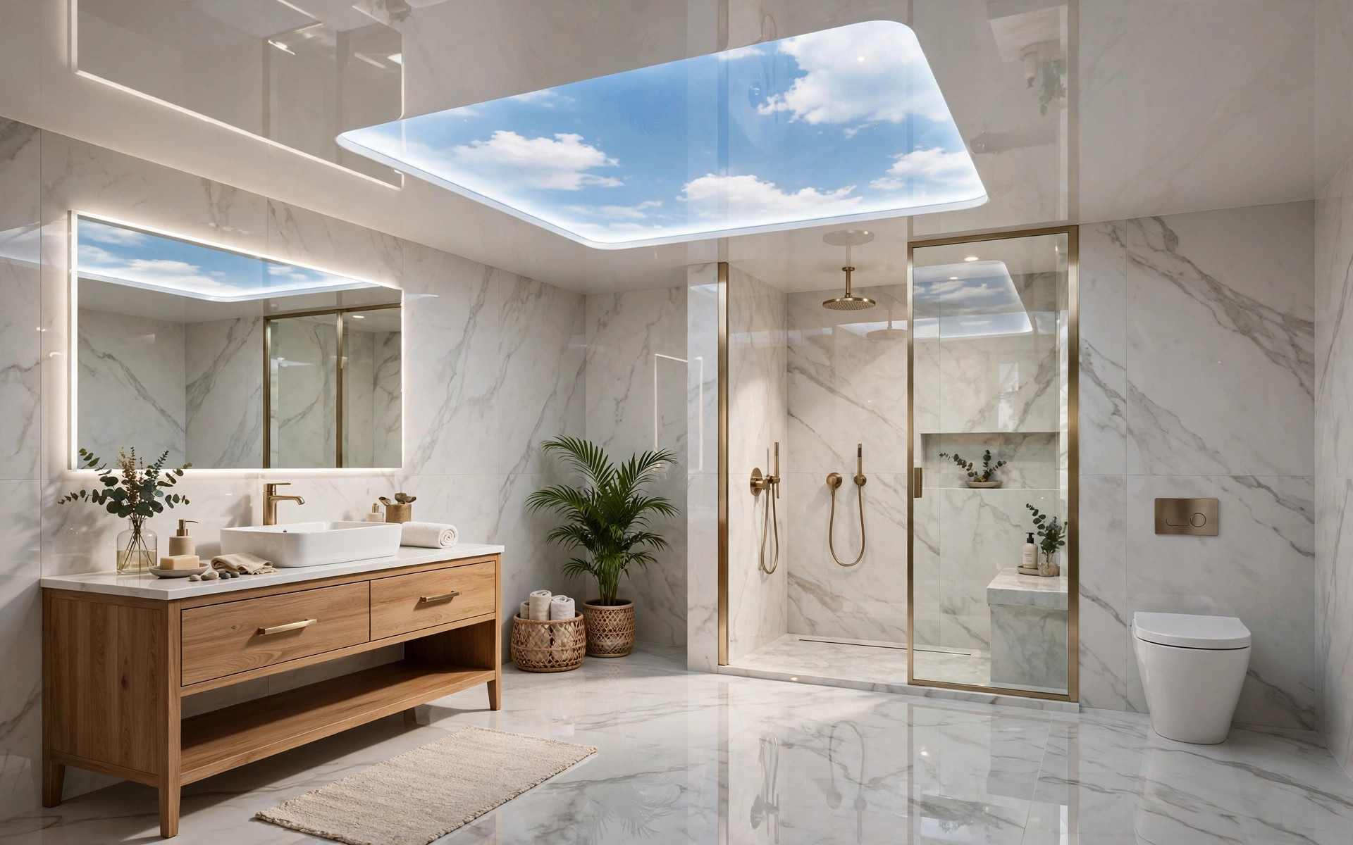 Concept render of a premium Indian bathroom with a glossy stretch ceiling and backlit sky panel