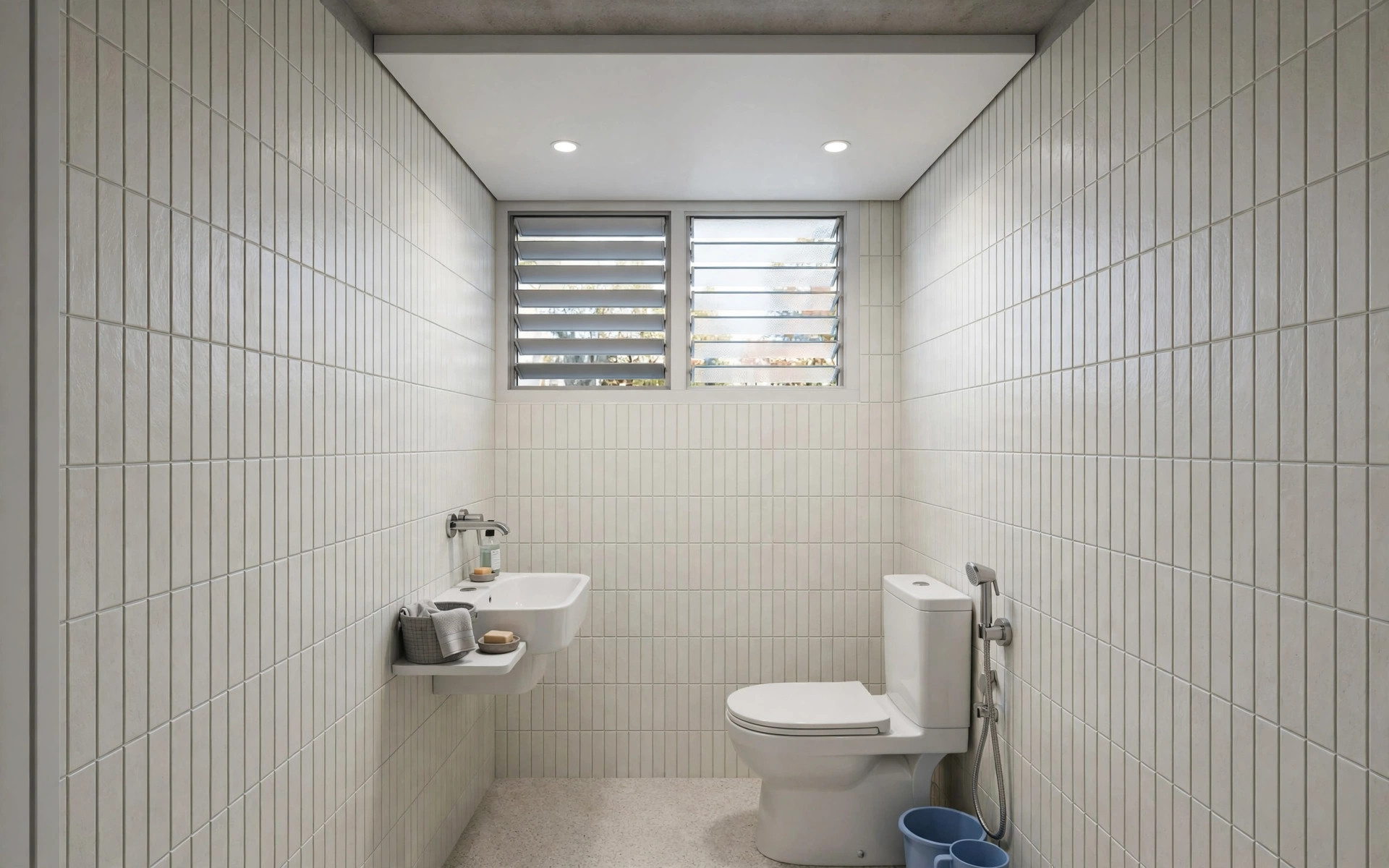 Concept render of a compact Indian bathroom with a slim flat false ceiling close to the slab and a ventilator window