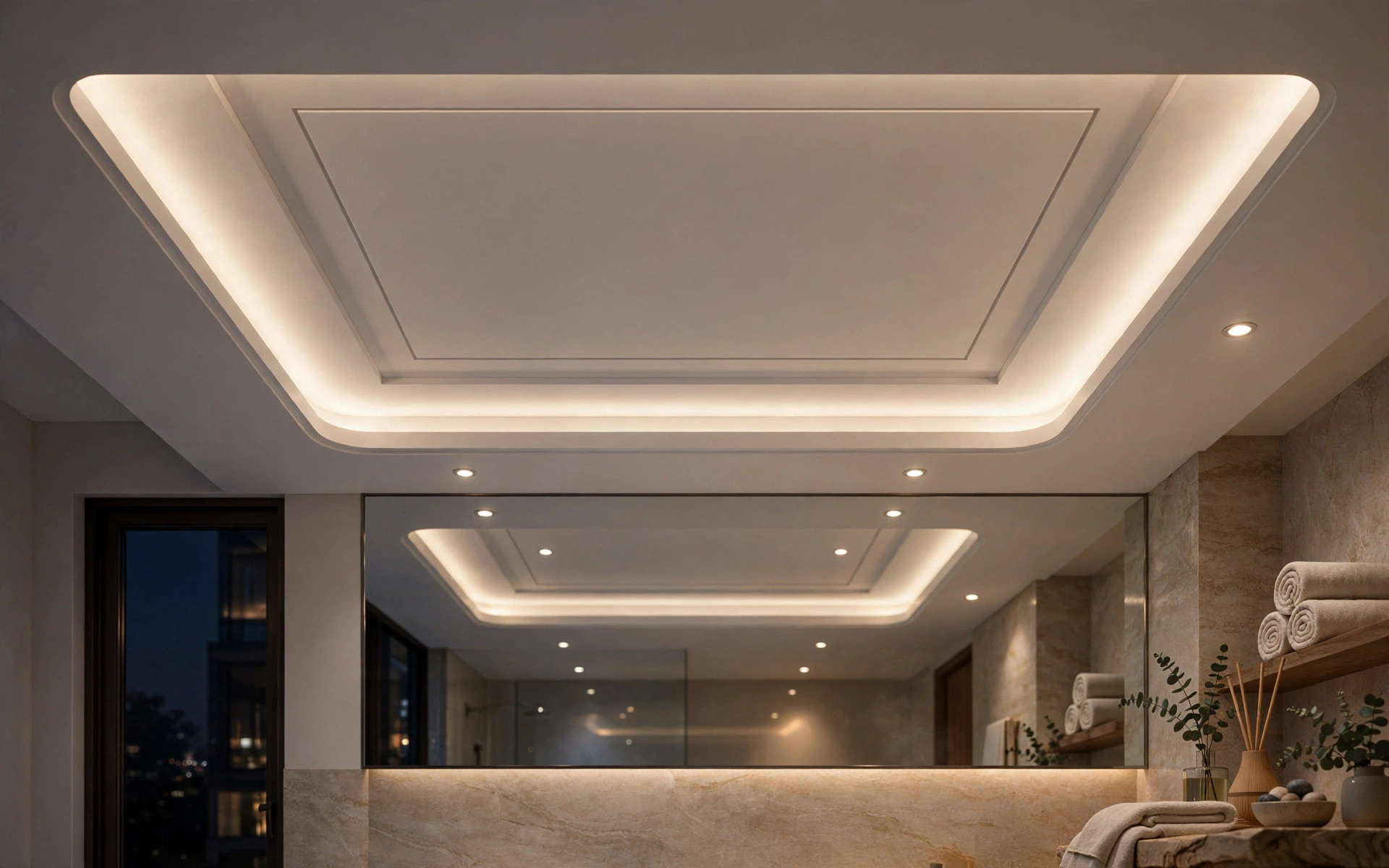 Night concept render of a bathroom with warm cove LED lighting around a tray false ceiling