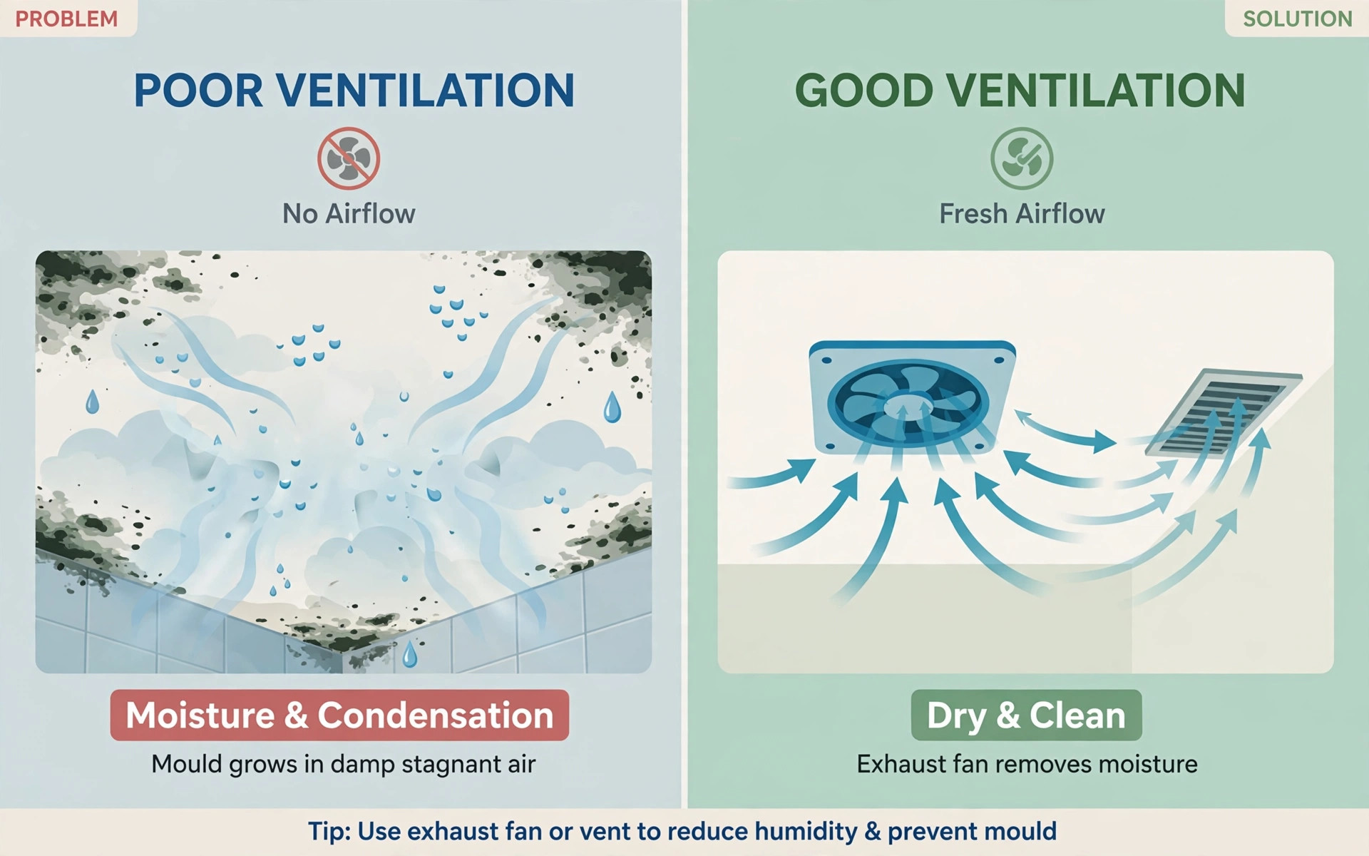 Illustration comparing a bathroom ceiling with mould and condensation under poor ventilation to a clean dry ceiling with an exhaust fan