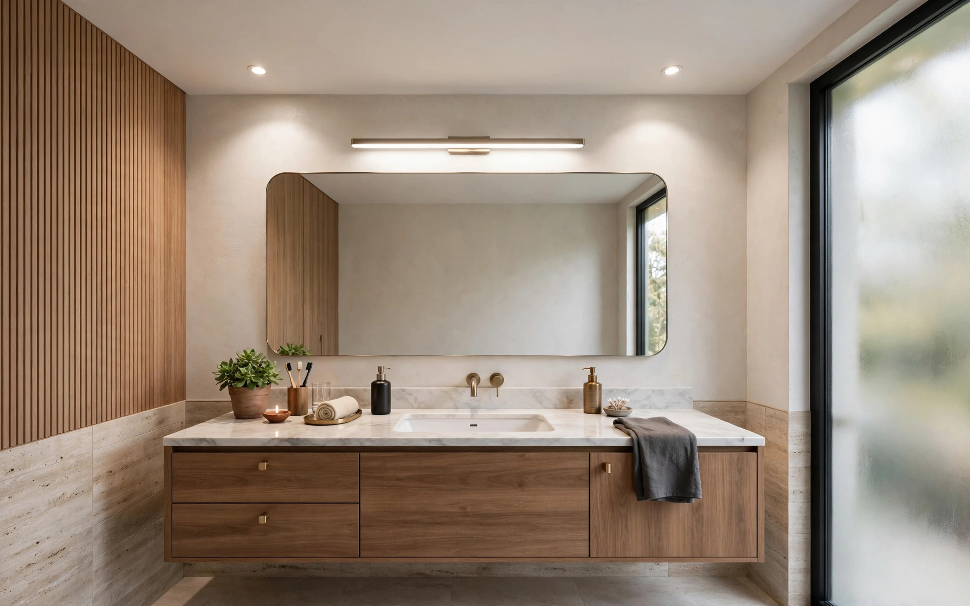 Concept render of an Indian bathroom vanity with focused task lighting above the mirror under a white false ceiling