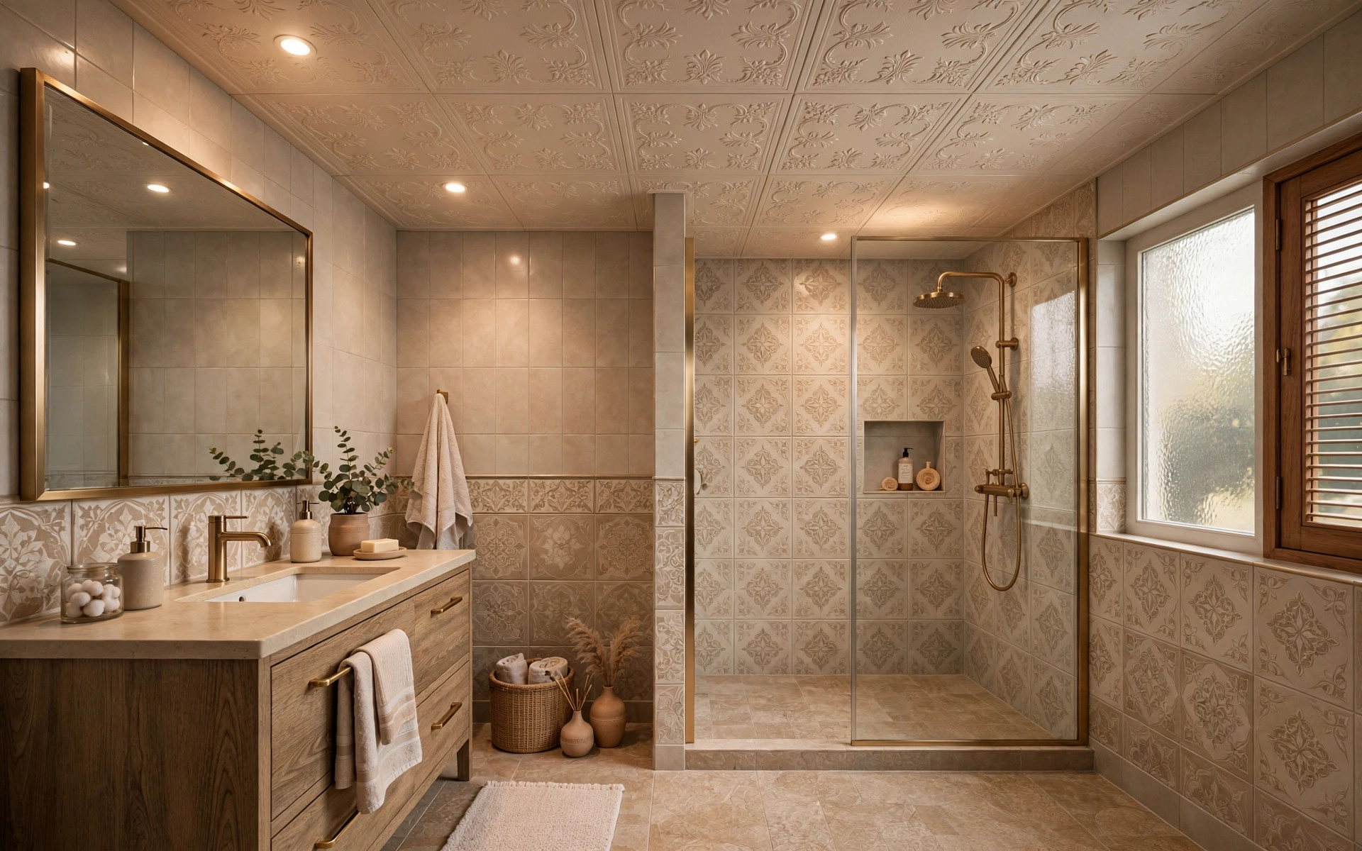 Concept render of an Indian bathroom with decorative embossed PVC ceiling panels and warm recessed lighting