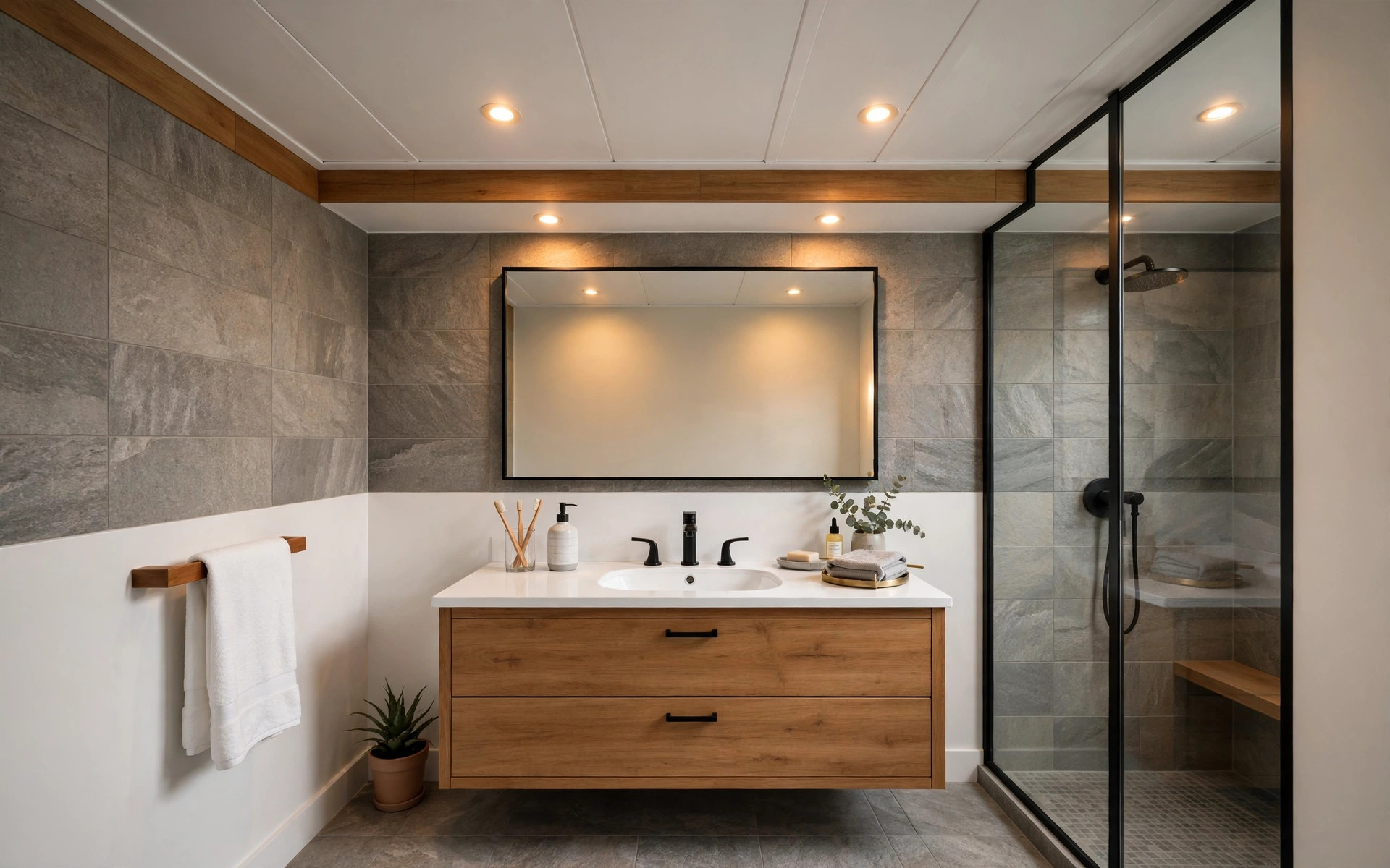 Concept render of an Indian bathroom with a wood-look accent strip in the white false ceiling above the vanity