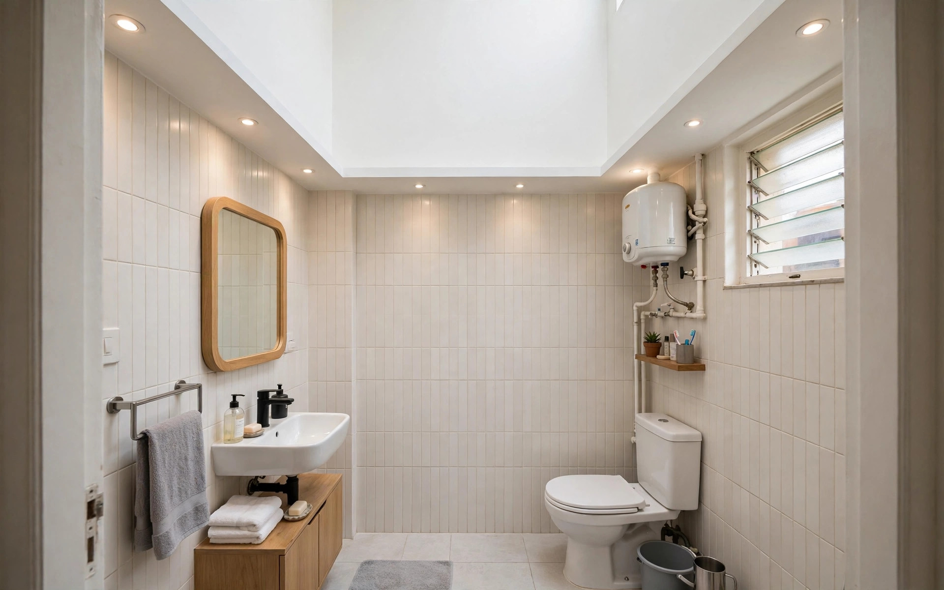 Concept render of a small Indian bathroom with a peripheral border false ceiling keeping the centre at full height