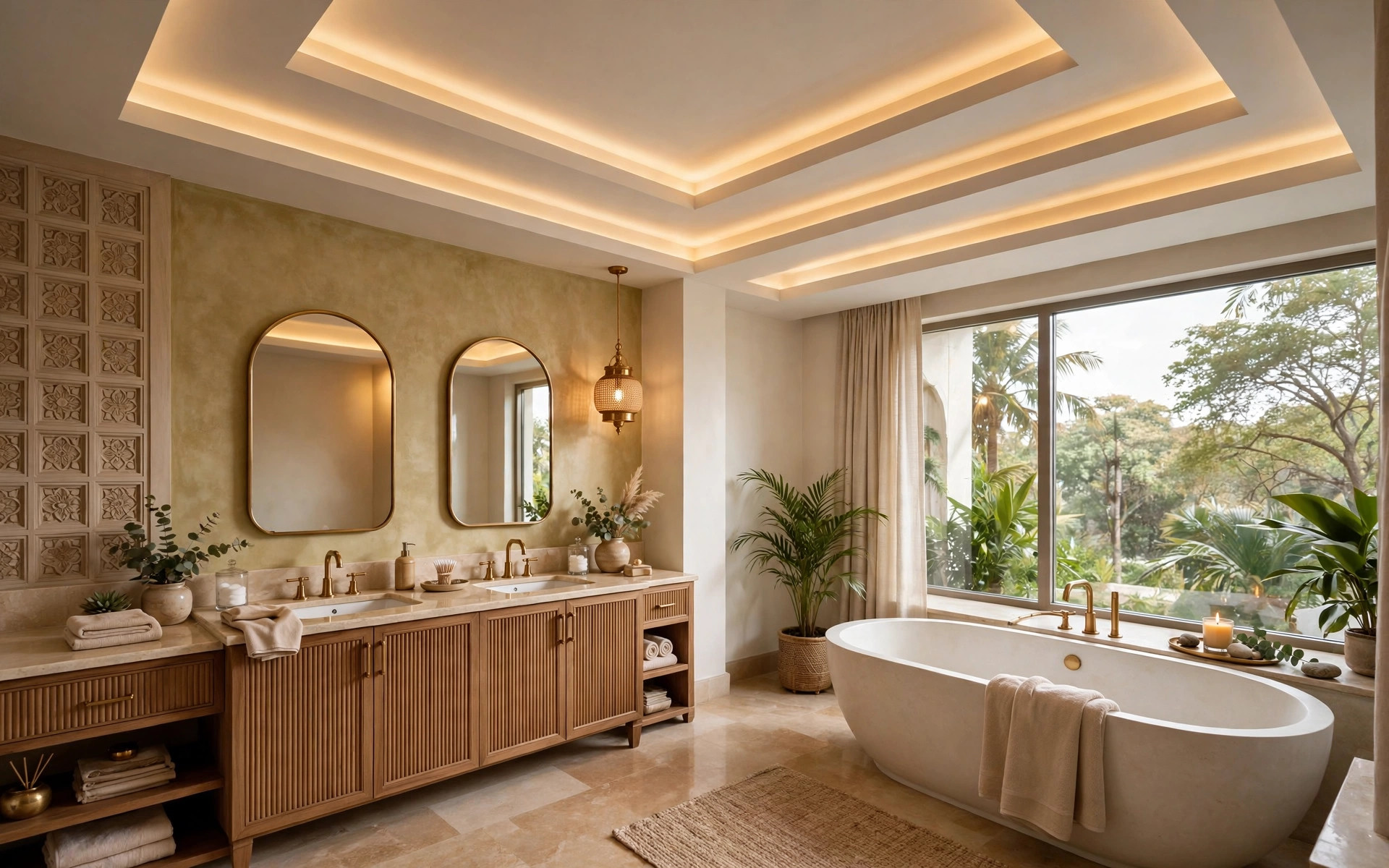 Concept render of a large Indian bathroom with a multi-level tray false ceiling and warm cove lighting