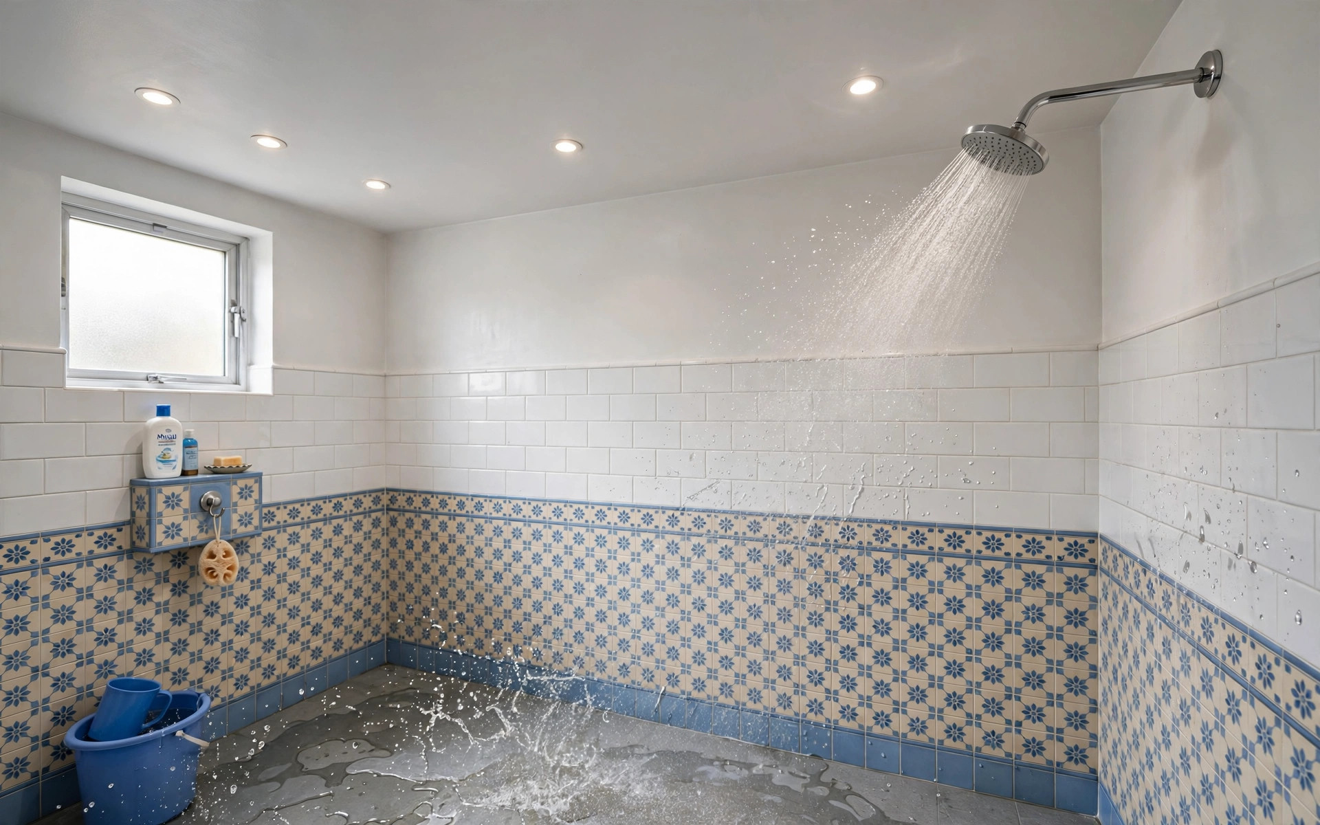 Concept render of a shower corner with water spray showing ceiling lights positioned away from the direct splash zone