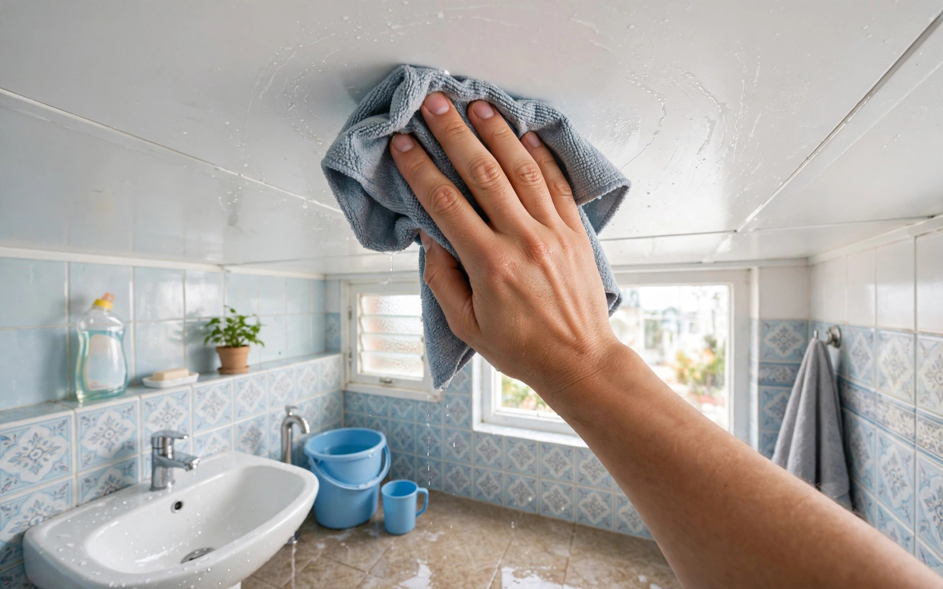 Concept render of a hand wiping a white PVC bathroom ceiling panel with a damp cloth