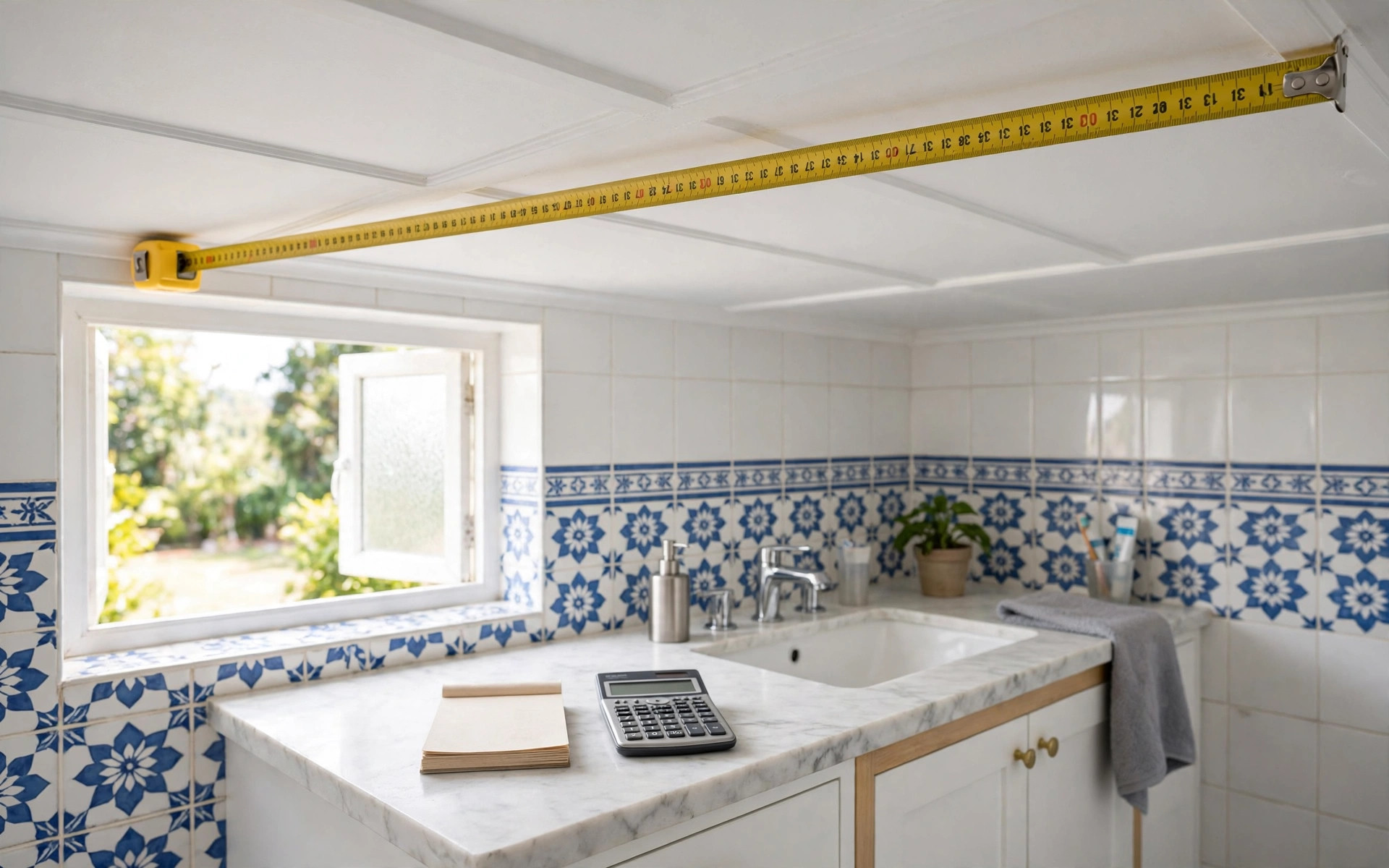 Concept render of a measuring tape across a bathroom ceiling with a calculator and notepad for budget planning