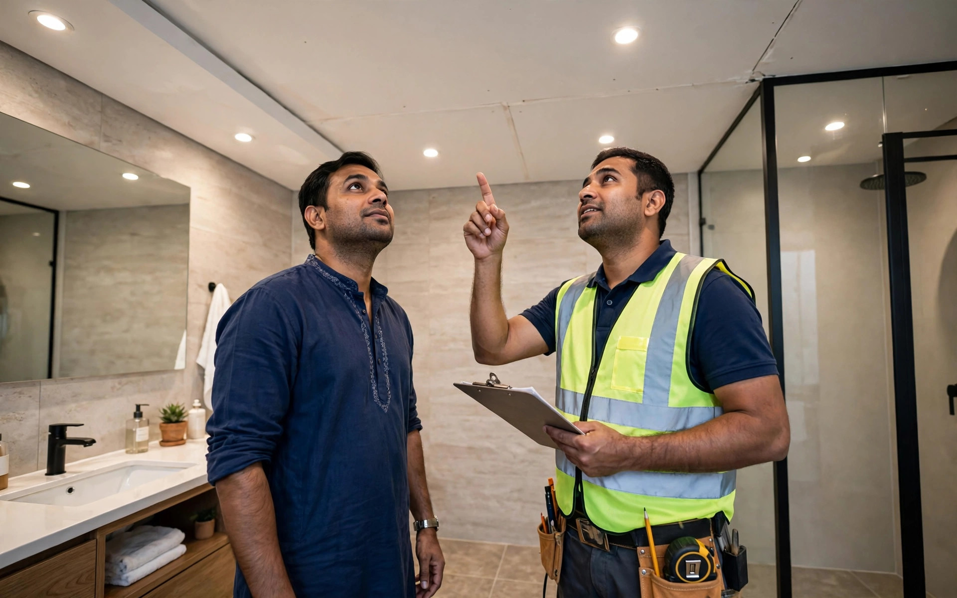Concept render of a homeowner and contractor inspecting a finished bathroom false ceiling during handover