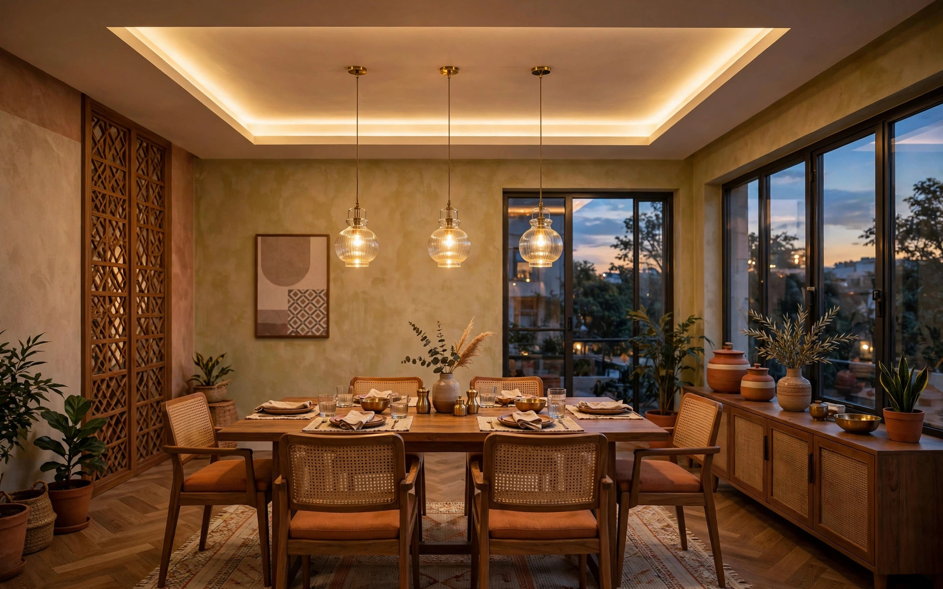 Concept render of a warm Indian dining room at dusk with a tray false ceiling, cove lighting and three pendant lights over the table