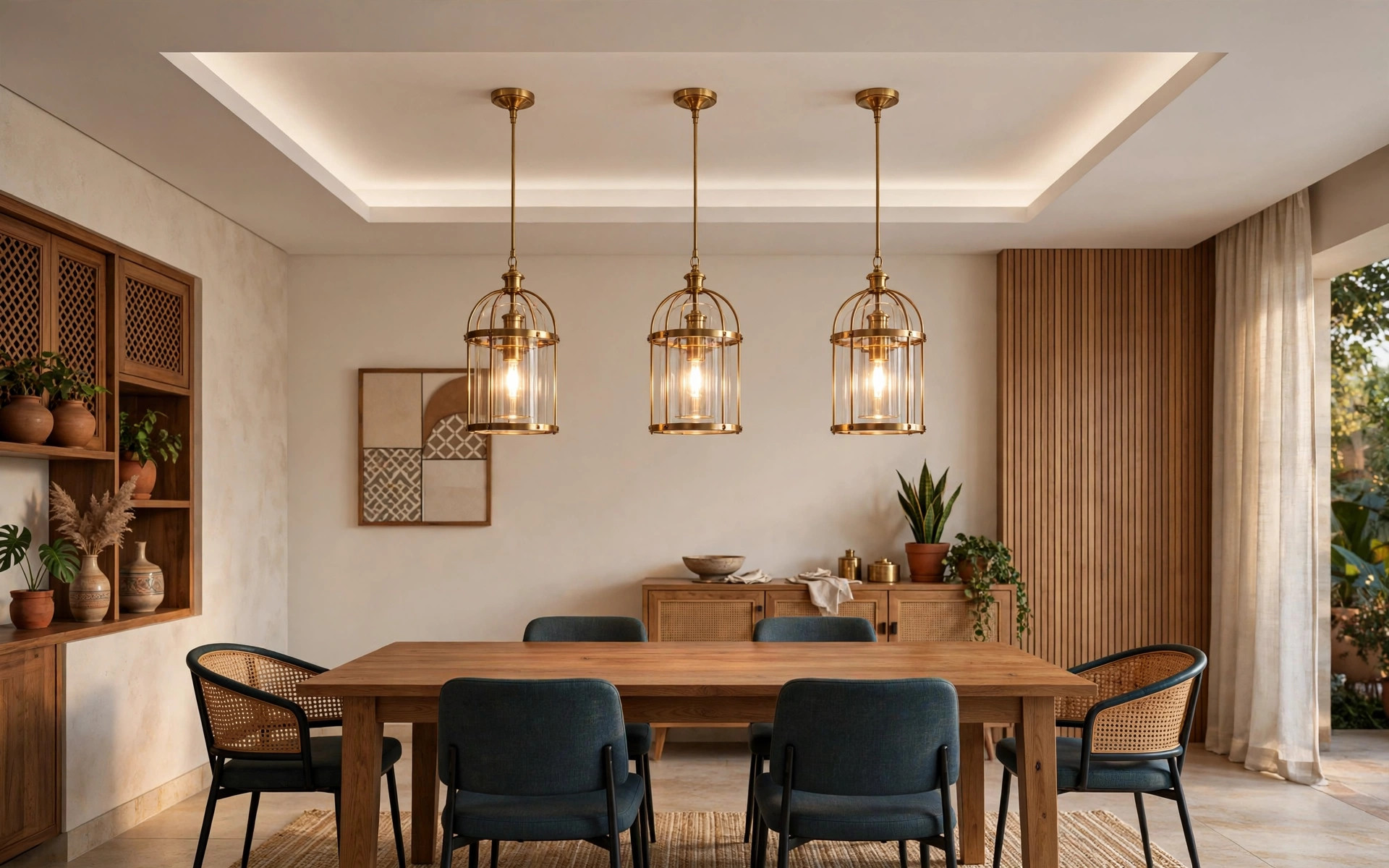 Concept render of three brass pendant lights in a row over a rectangular wooden dining table under a tray ceiling