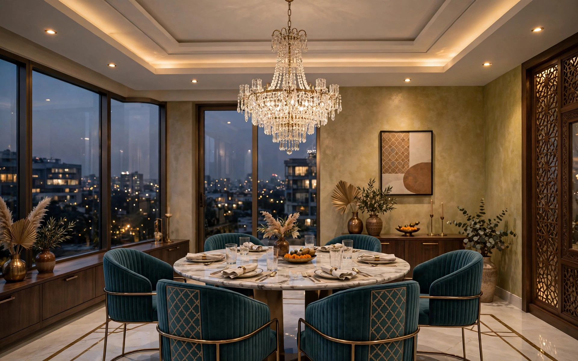 Concept render of a crystal chandelier over a round dining table in an elegant Indian dining room