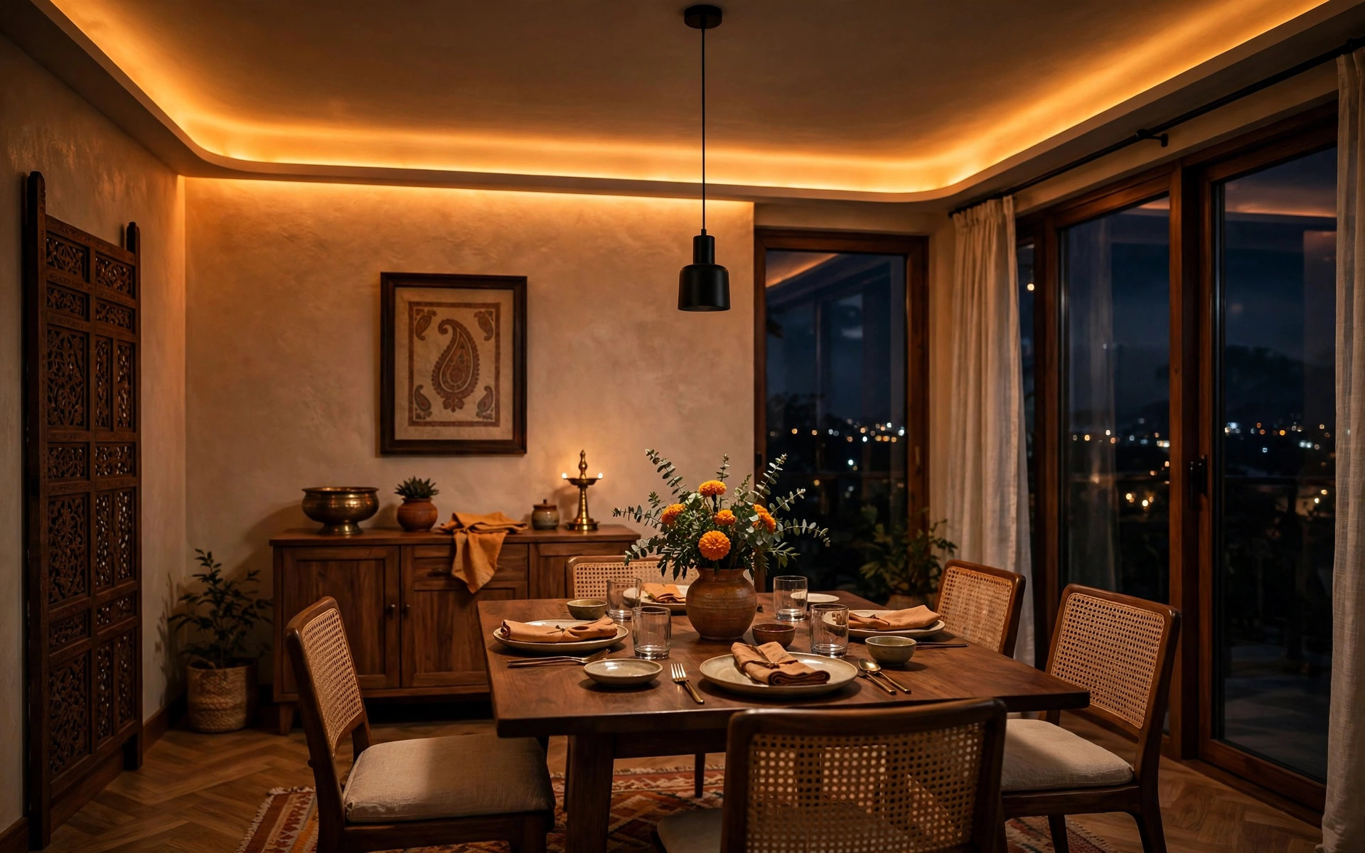 Concept render of an intimate Indian dining room at night lit mainly by warm amber cove lighting along the ceiling borders