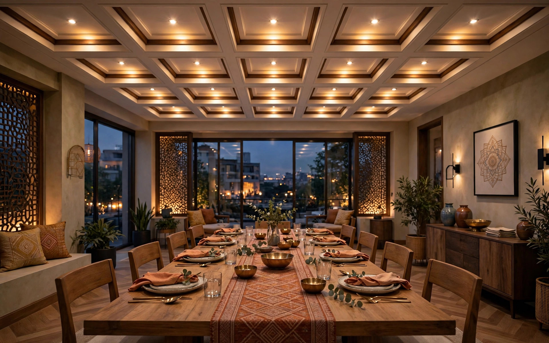Concept render of a coffered false ceiling with a spotlight in each recessed panel over a long dining table