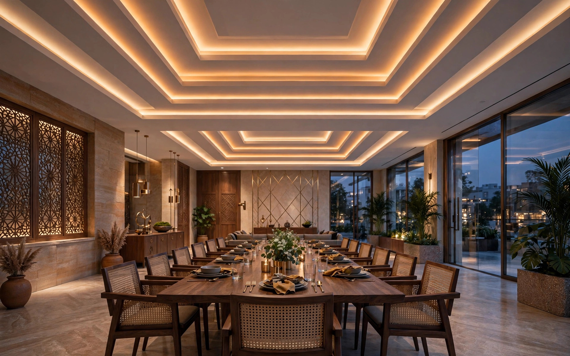 Concept render of a multi-layered plus-minus false ceiling with glowing LED strips between steps in a large dining hall
