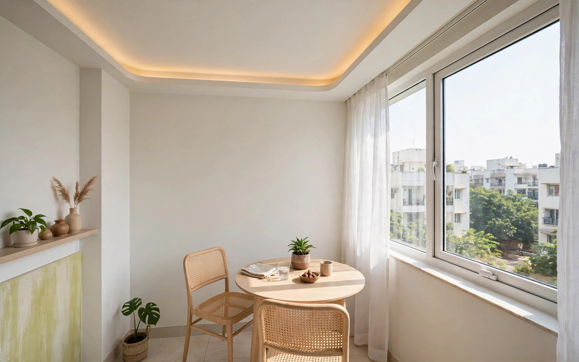 Concept render of a compact apartment dining corner with a small round table and a slim low-profile false ceiling with one cove strip