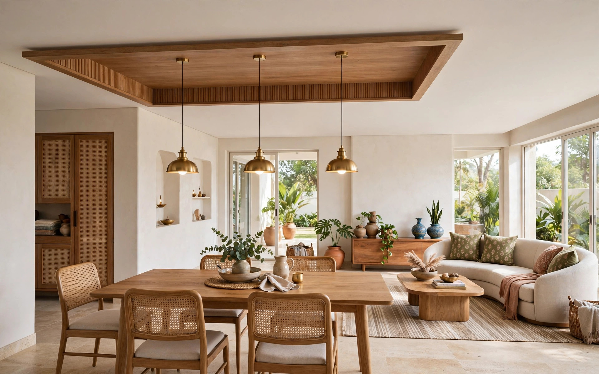 Concept render of an open-plan living and dining space where a dropped tray with pendants marks the dining zone