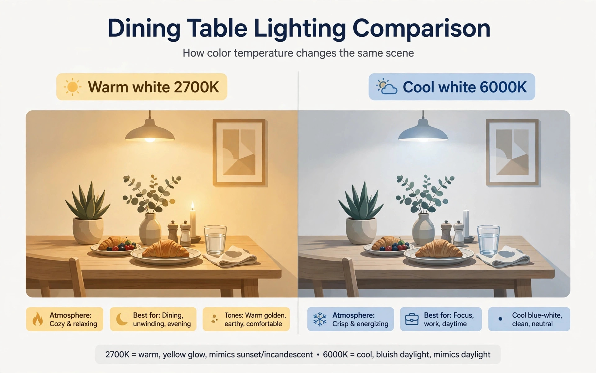 Illustration comparing warm white 2700K and cool white 6000K lighting over the same dining table scene